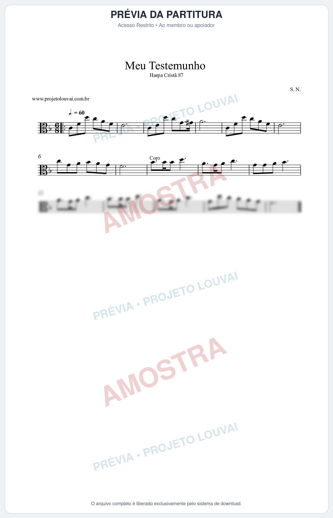 Prévia protegida da primeira página da partitura Partitura da música Meu Testemunho (Harpa Cristã nº87) - Harpa Cristã - Tom F