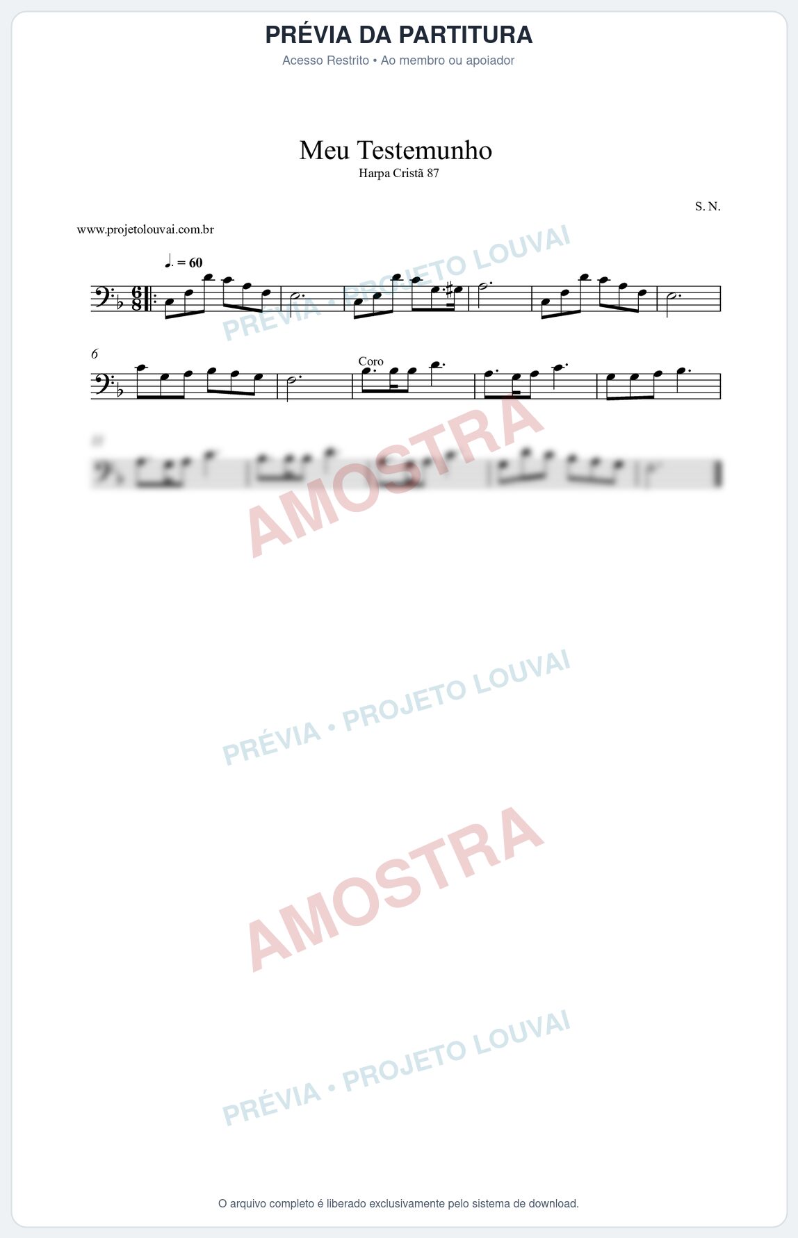Prévia protegida da primeira página da partitura Partitura da música Meu Testemunho (Harpa Cristã nº87) - Harpa Cristã - Tom F