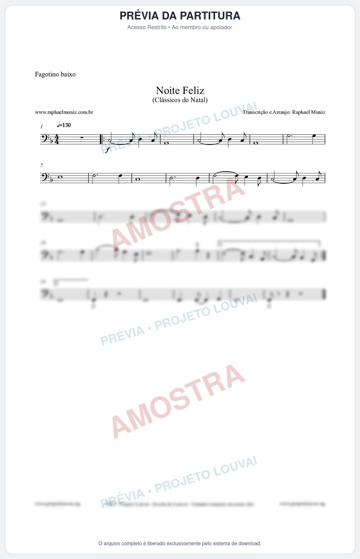 Prévia protegida da primeira página da partitura Partitura para Fagotino baixo - Noite Feliz (Silent Night) - Versão 2 - Músicas de Natal
