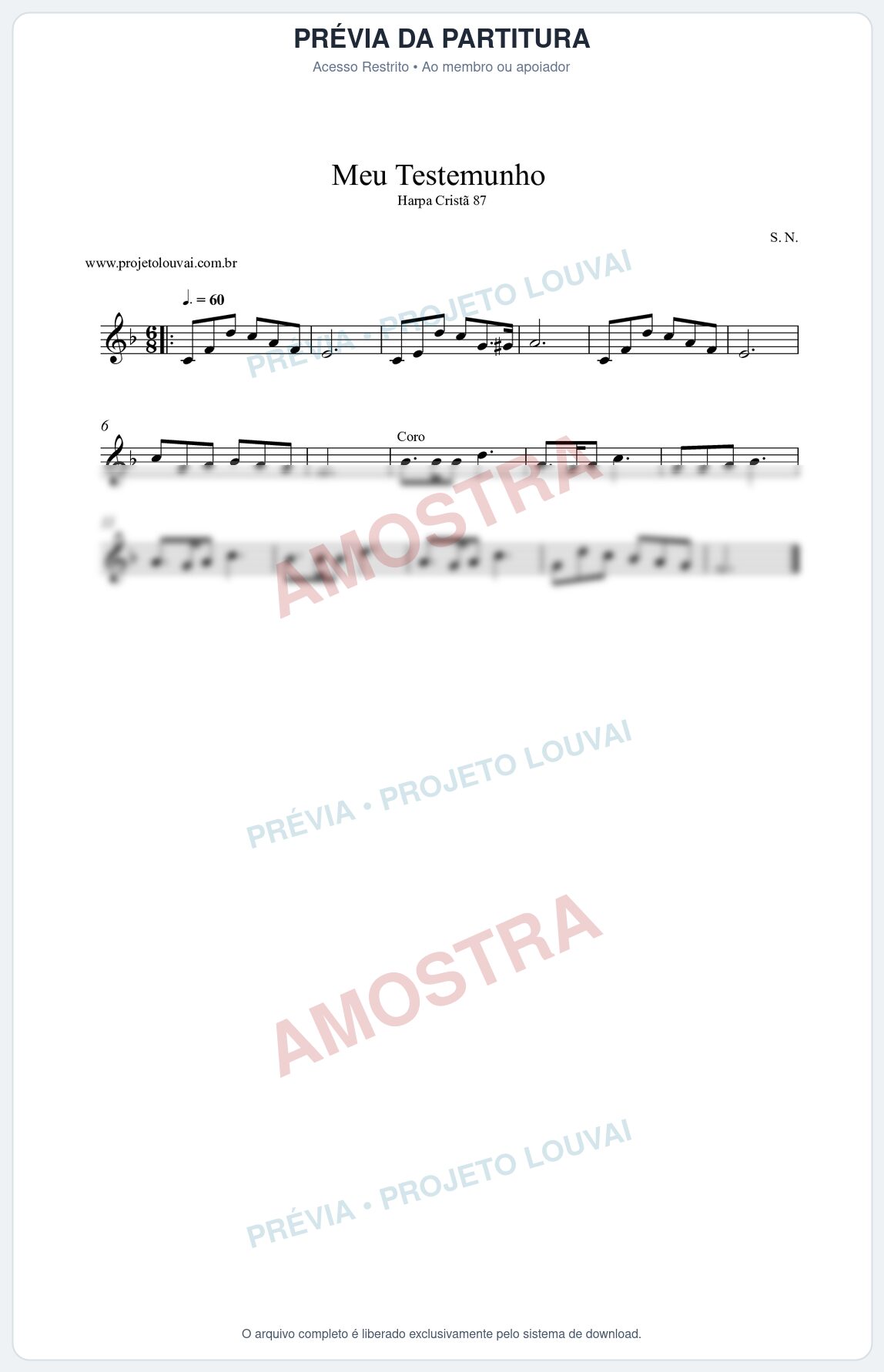Prévia protegida da primeira página da partitura Partitura da música Meu Testemunho (Harpa Cristã nº87) - Harpa Cristã - Tom F