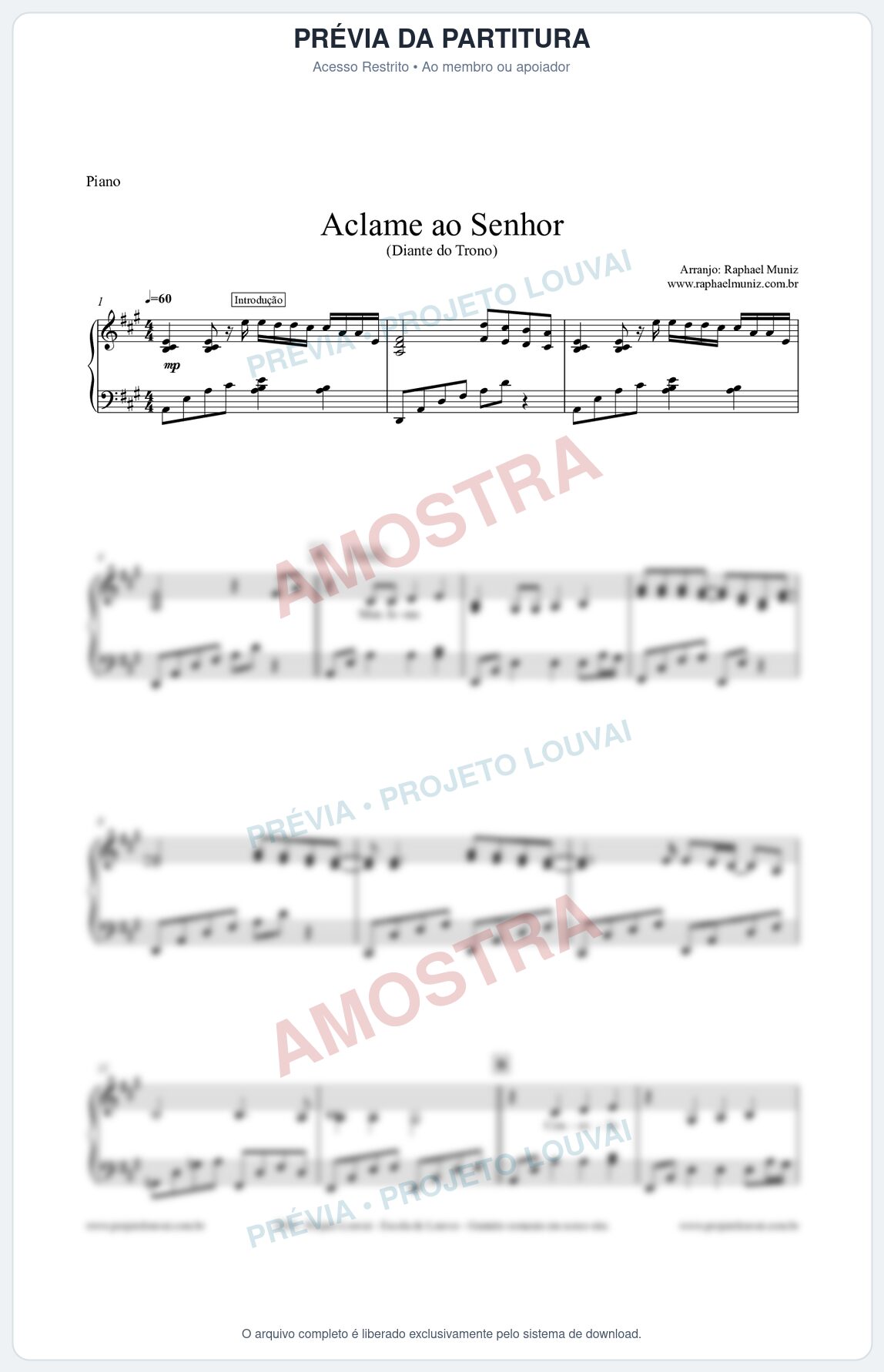 Prévia protegida da primeira página da partitura Partitura para Piano - Aclame ao Senhor - Diante do Trono