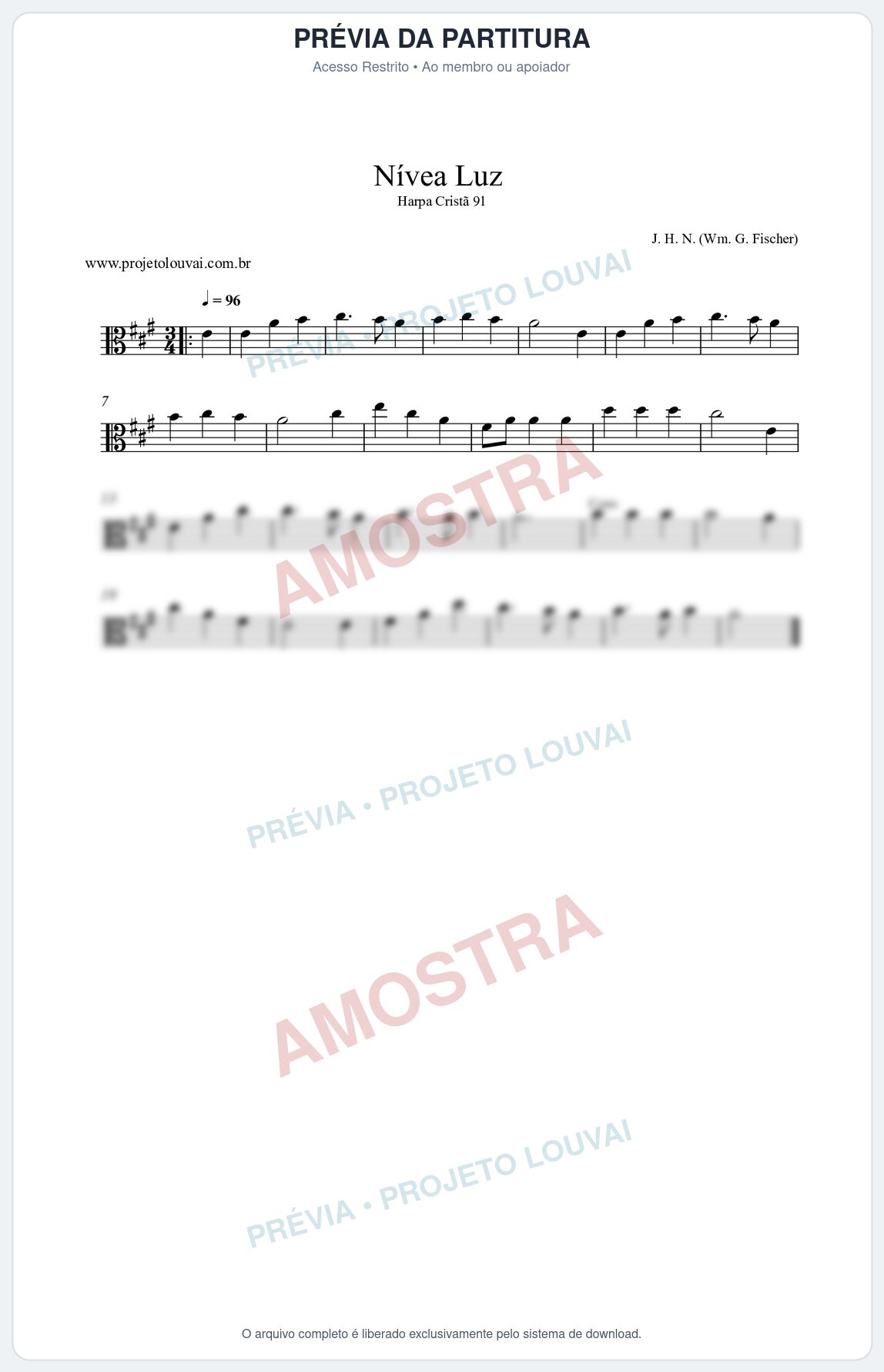 Prévia protegida da primeira página da partitura Partitura da música Nívea Luz (Harpa Cristã nº91) - Harpa Cristã - Tom A