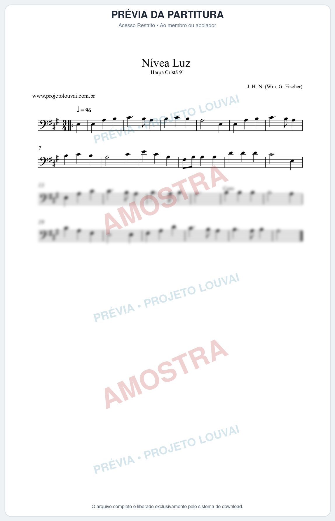 Prévia protegida da primeira página da partitura Partitura da música Nívea Luz (Harpa Cristã nº91) - Harpa Cristã - Tom A