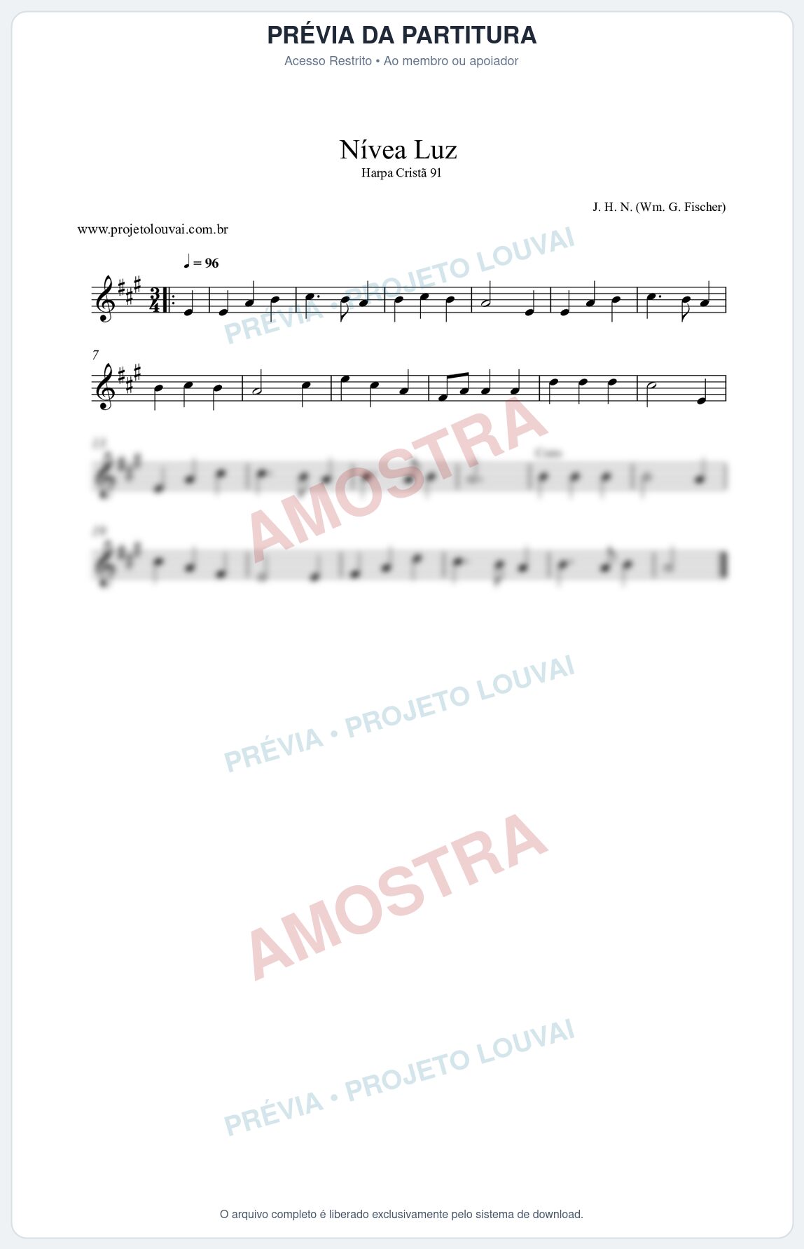 Prévia protegida da primeira página da partitura Partitura da música Nívea Luz (Harpa Cristã nº91) - Harpa Cristã - Tom A