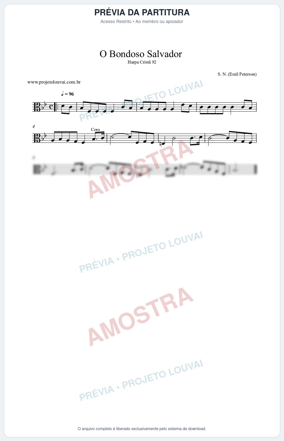Prévia protegida da primeira página da partitura Partitura da música O Bondoso Salvador (Harpa Cristã nº92) - Harpa Cristã - Tom Bb