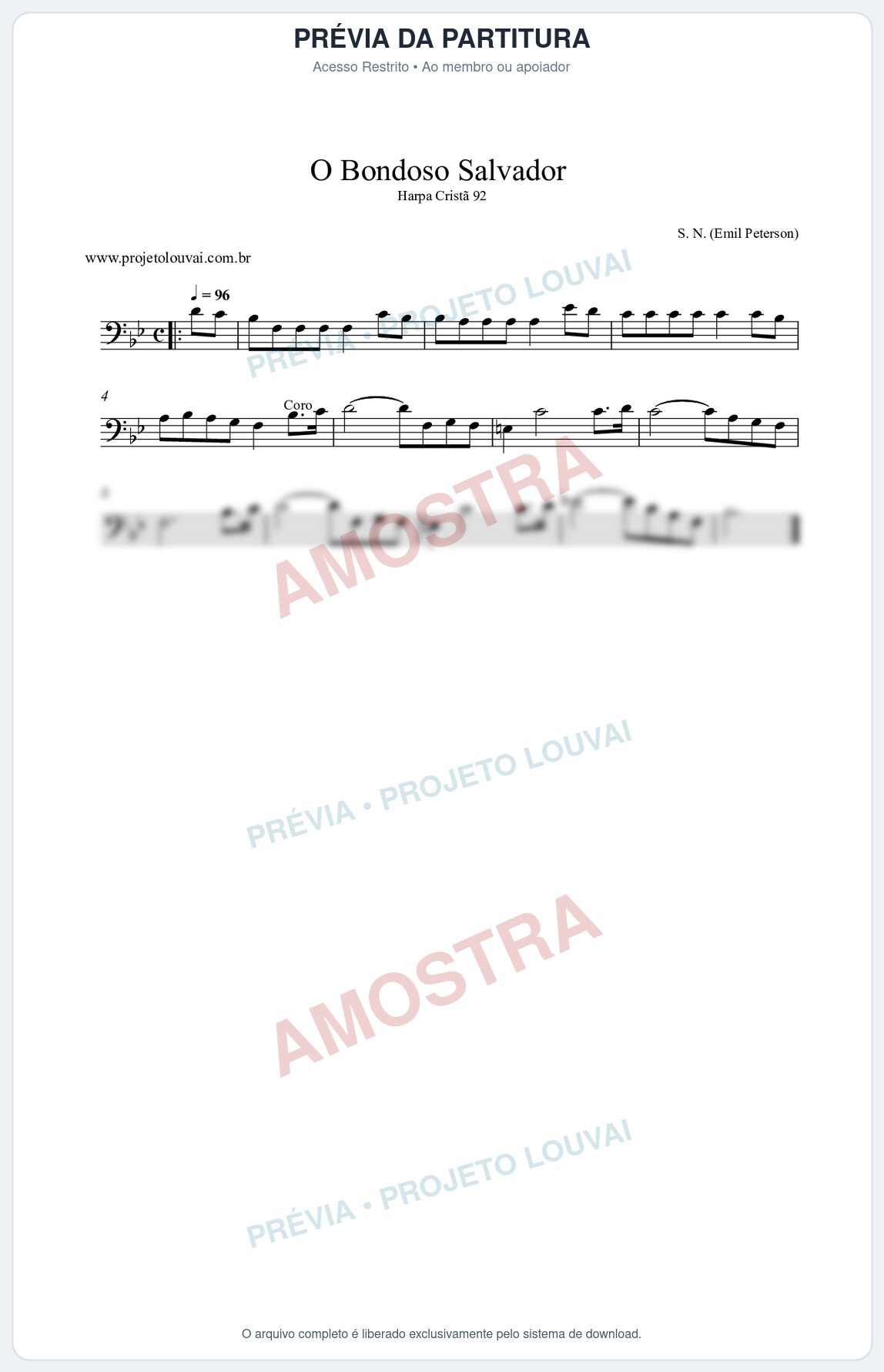 Prévia protegida da primeira página da partitura Partitura da música O Bondoso Salvador (Harpa Cristã nº92) - Harpa Cristã - Tom Bb