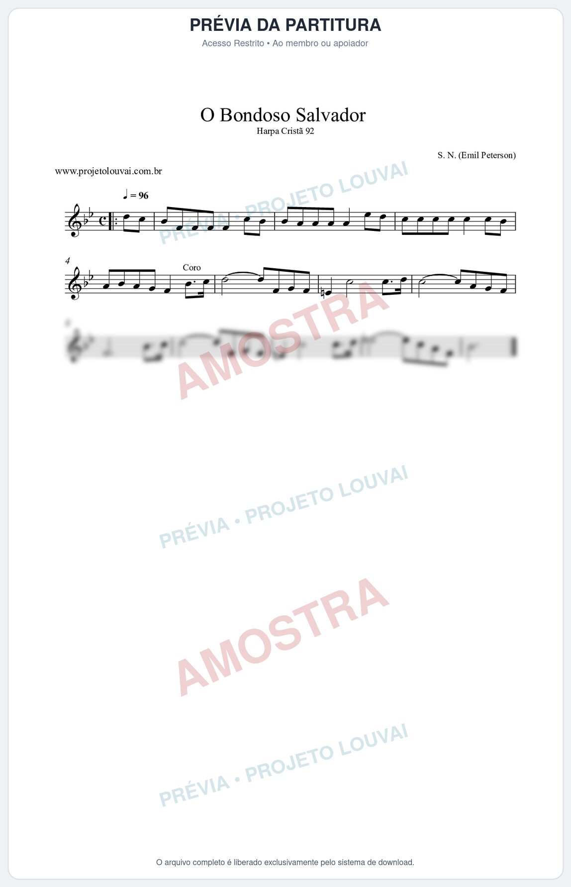Prévia protegida da primeira página da partitura Partitura da música O Bondoso Salvador (Harpa Cristã nº92) - Harpa Cristã - Tom Bb