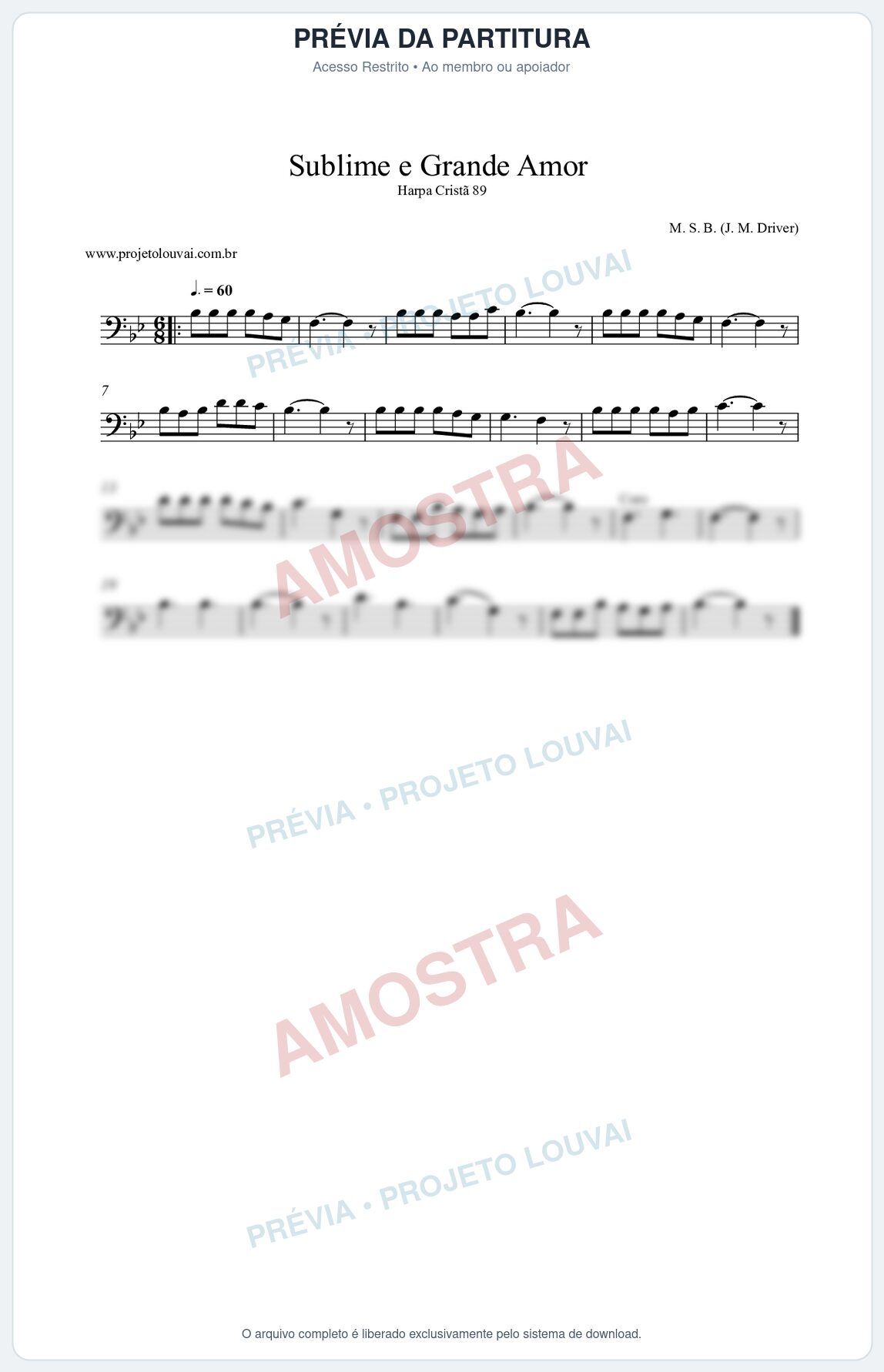 Prévia protegida da primeira página da partitura Partitura da música Sublime e Grande Amor (Harpa Cristã nº89) - Harpa Cristã - Tom Bb