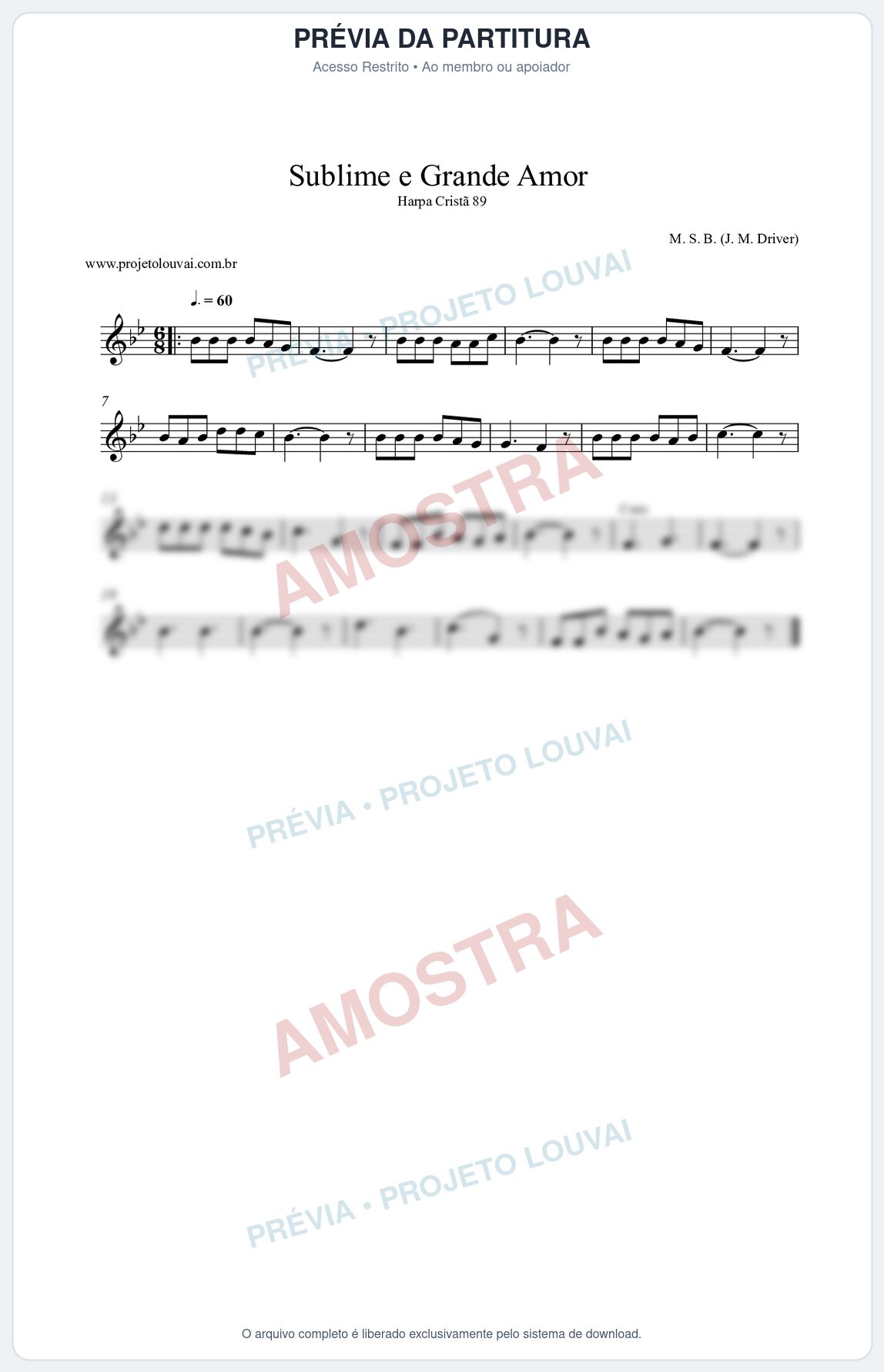 Prévia protegida da primeira página da partitura Partitura da música Sublime e Grande Amor (Harpa Cristã nº89) - Harpa Cristã - Tom Bb