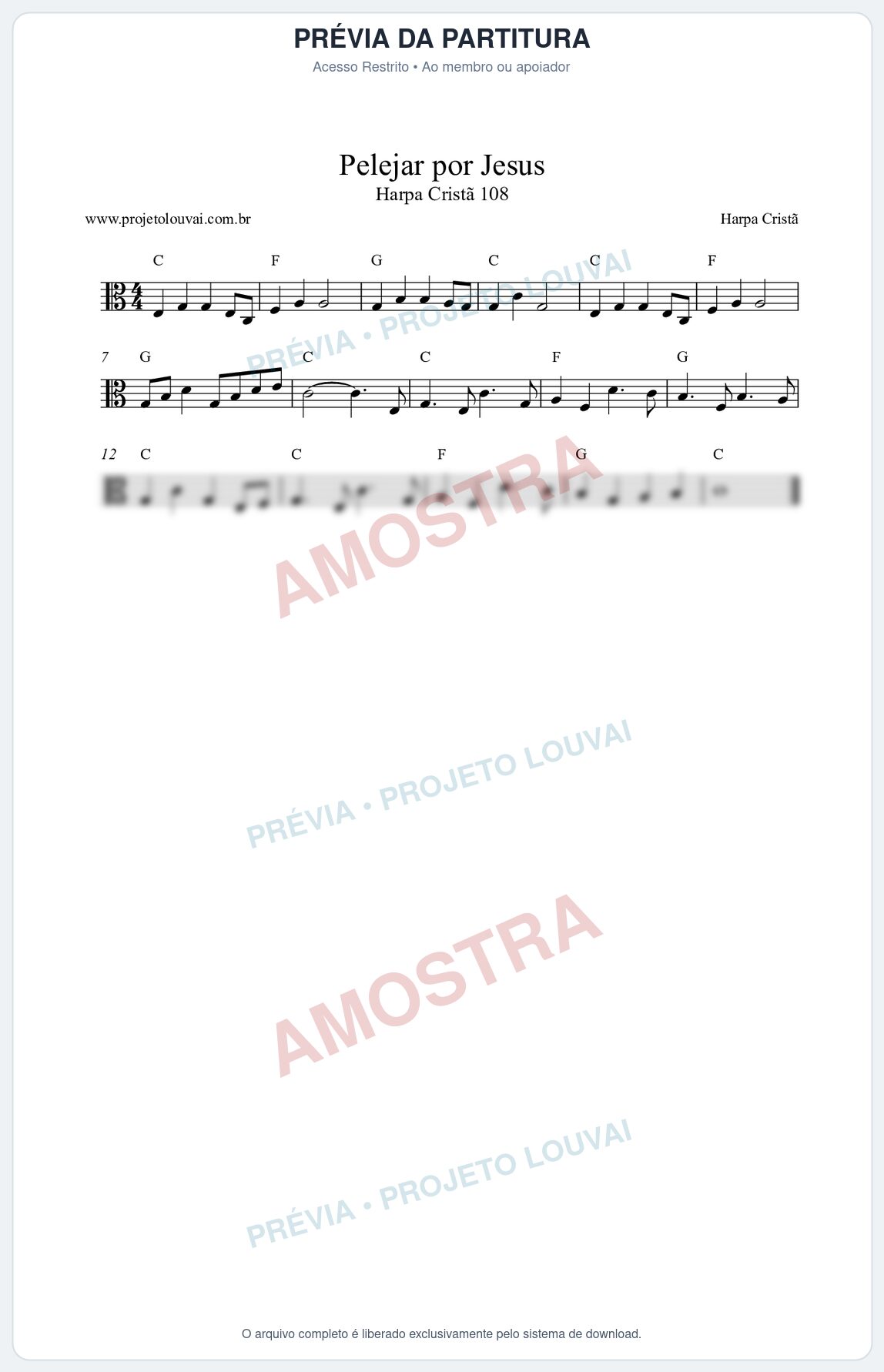 Prévia protegida da primeira página da partitura Partitura da música Pelejar por Jesus (Harpa Cristã nº108) - Harpa Cristã - Tom C