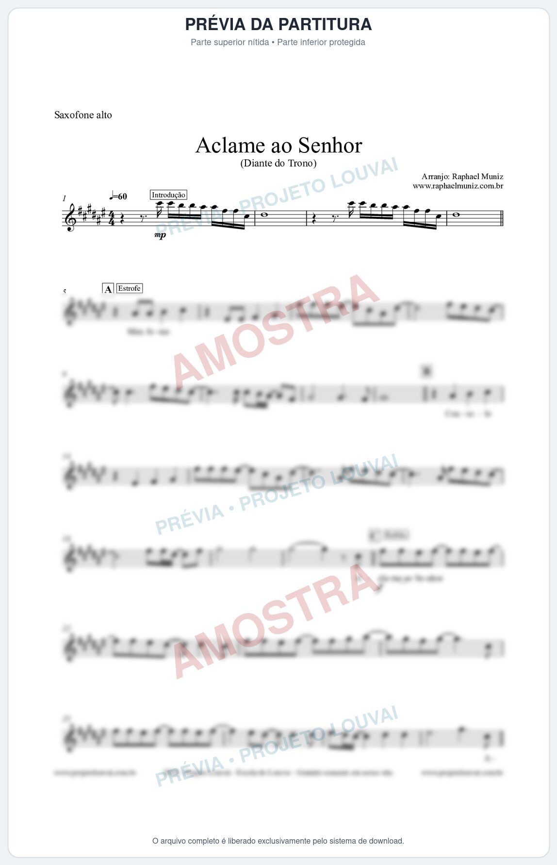 Prévia protegida da primeira página da partitura Partitura para Saxofone Alto - Aclame ao Senhor - Diante do Trono