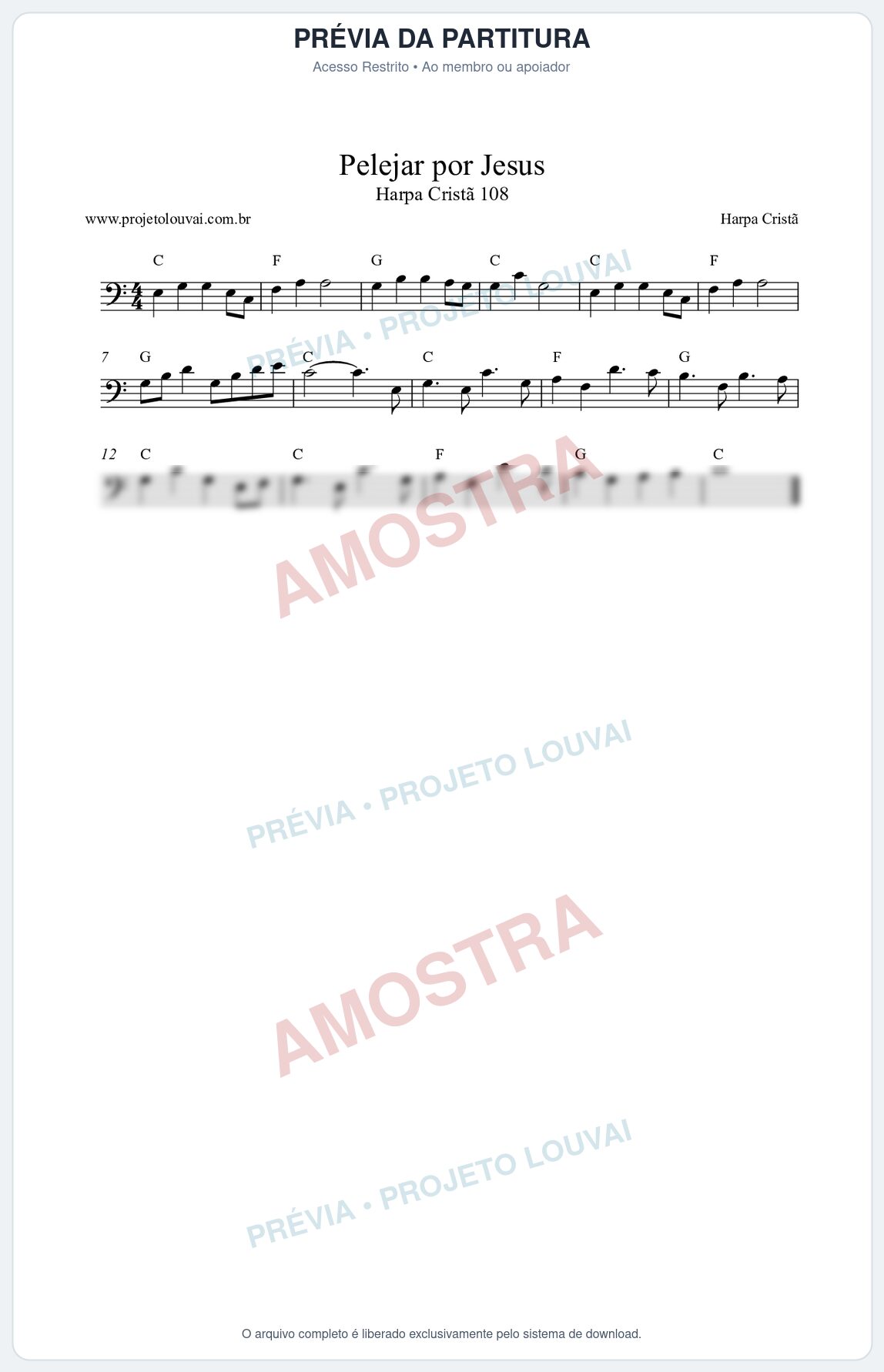 Prévia protegida da primeira página da partitura Partitura da música Pelejar por Jesus (Harpa Cristã nº108) - Harpa Cristã - Tom C