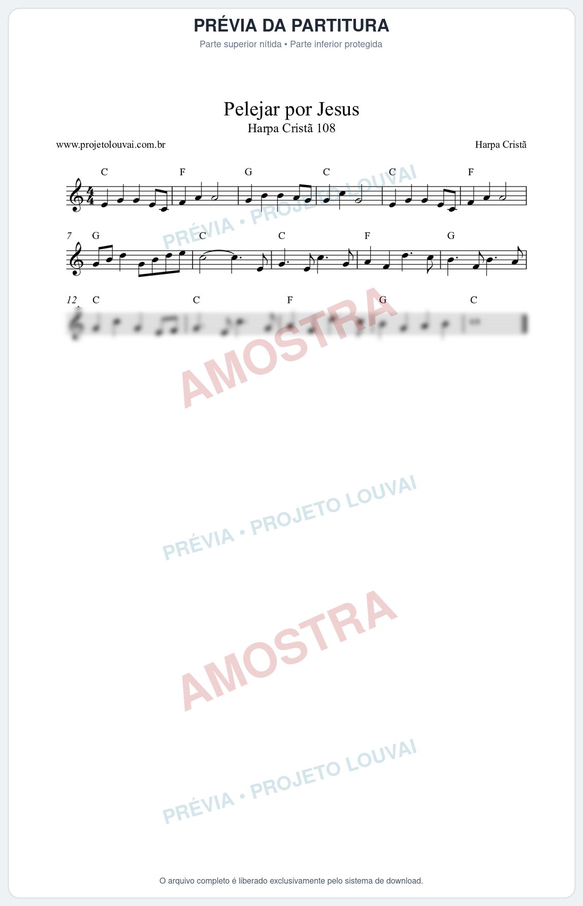 Prévia protegida da primeira página da partitura Partitura da música Pelejar por Jesus (Harpa Cristã nº108) - Harpa Cristã - Tom C