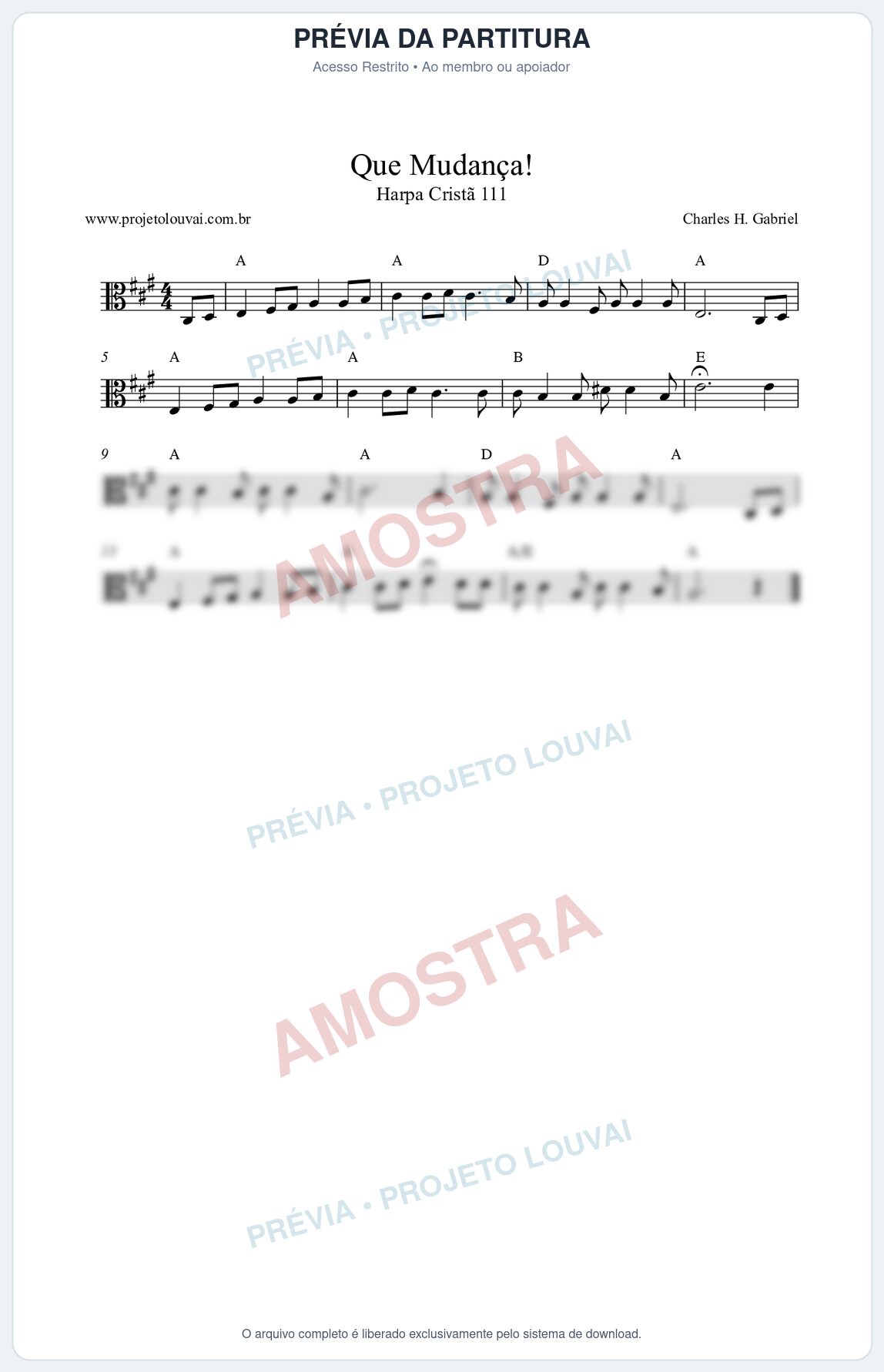 Prévia protegida da primeira página da partitura Partitura da música Que Mudança! (Harpa Cristã nº111) - Harpa Cristã - Tom A