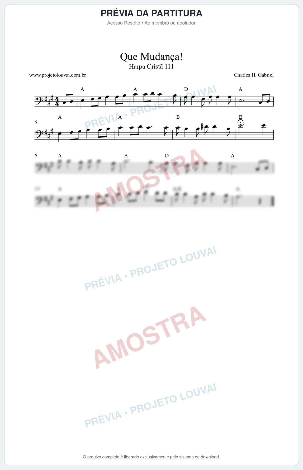 Prévia protegida da primeira página da partitura Partitura da música Que Mudança! (Harpa Cristã nº111) - Harpa Cristã - Tom A