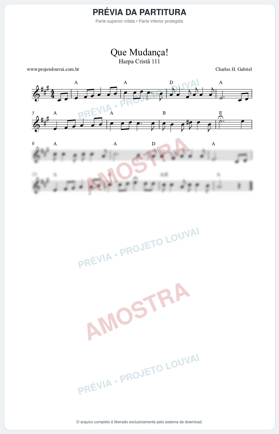 Prévia protegida da primeira página da partitura Partitura da música Que Mudança! (Harpa Cristã nº111) - Harpa Cristã - Tom A