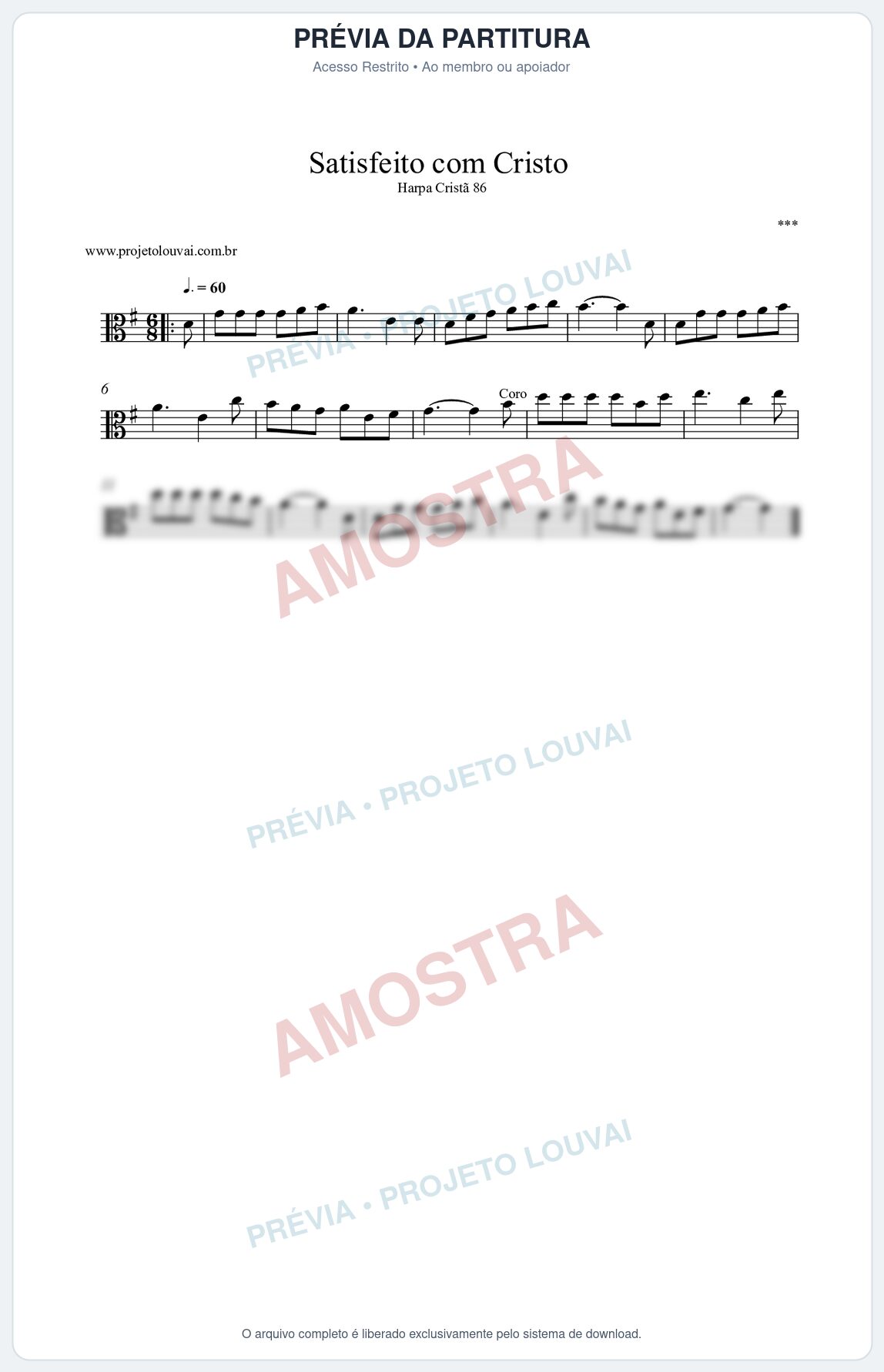 Prévia protegida da primeira página da partitura Partitura da música Satisfeito com Cristo (Harpa Cristã nº86) - Harpa Cristã - Tom G