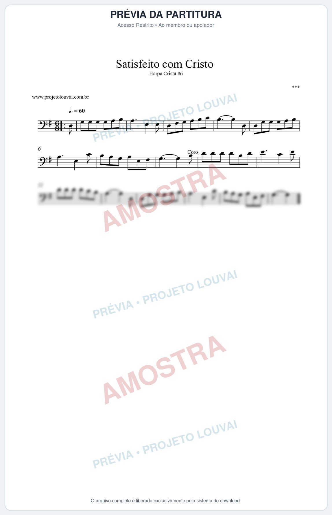 Prévia protegida da primeira página da partitura Partitura da música Satisfeito com Cristo (Harpa Cristã nº86) - Harpa Cristã - Tom G