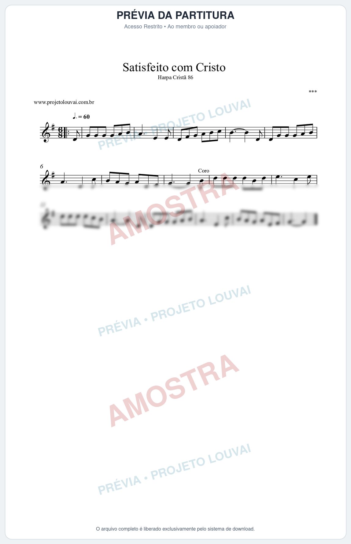 Prévia protegida da primeira página da partitura Partitura da música Satisfeito com Cristo (Harpa Cristã nº86) - Harpa Cristã - Tom G