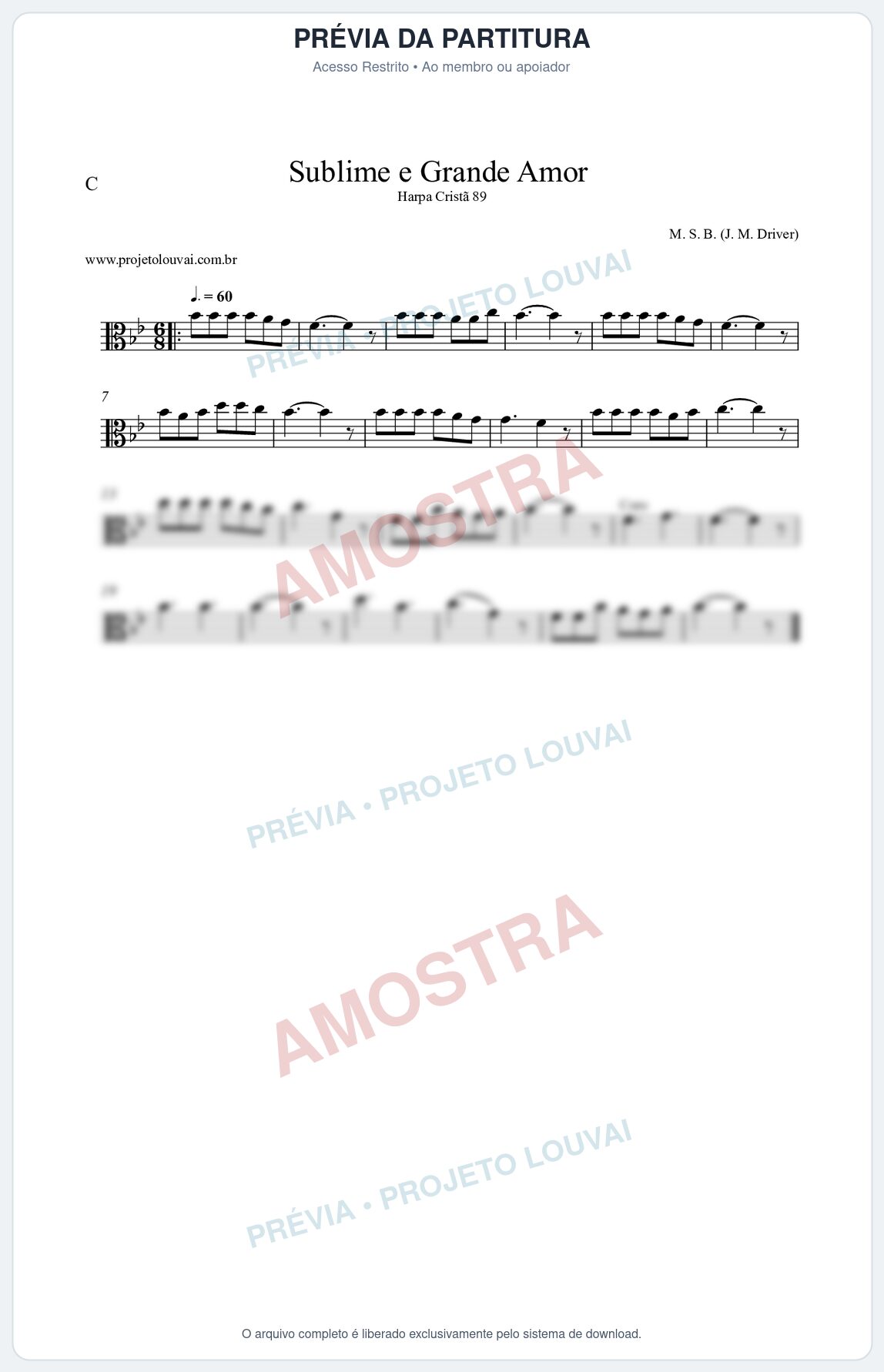 Prévia protegida da primeira página da partitura Partitura da música Sublime e Grande Amor (Harpa Cristã nº89) - Harpa Cristã - Tom Bb