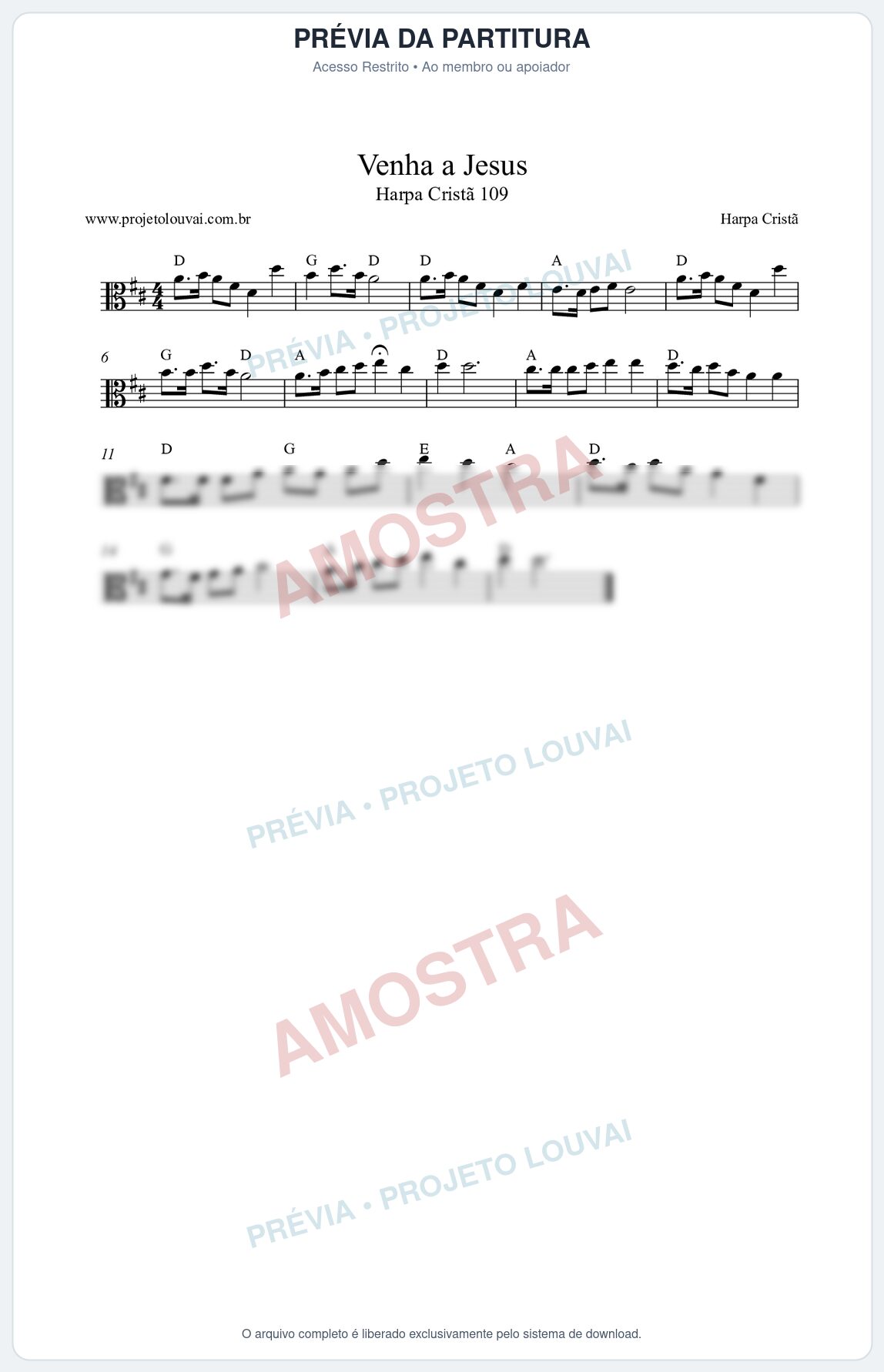 Prévia protegida da primeira página da partitura Partitura da música Venha a Jesus (Harpa Cristã nº109) - Harpa Cristã - Tom D