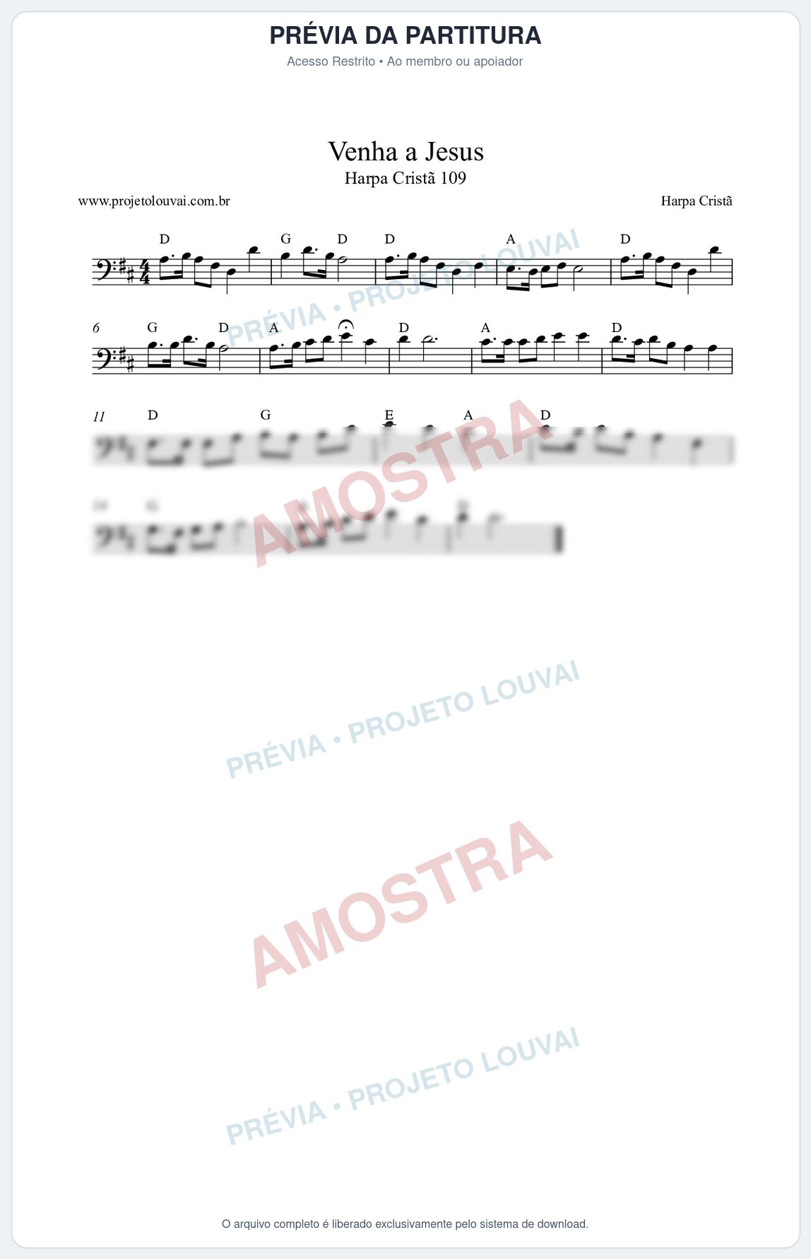 Prévia protegida da primeira página da partitura Partitura da música Venha a Jesus (Harpa Cristã nº109) - Harpa Cristã - Tom D