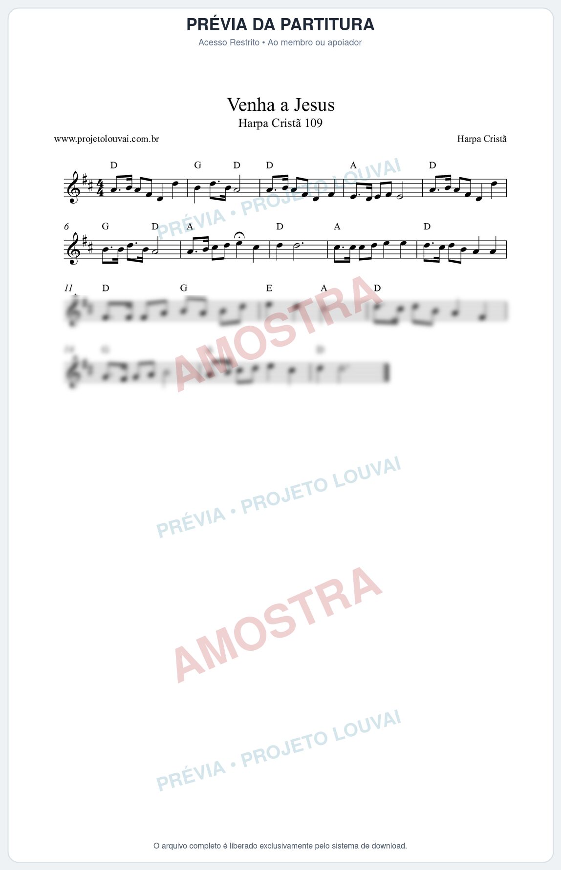 Prévia protegida da primeira página da partitura Partitura da música Venha a Jesus (Harpa Cristã nº109) - Harpa Cristã - Tom D