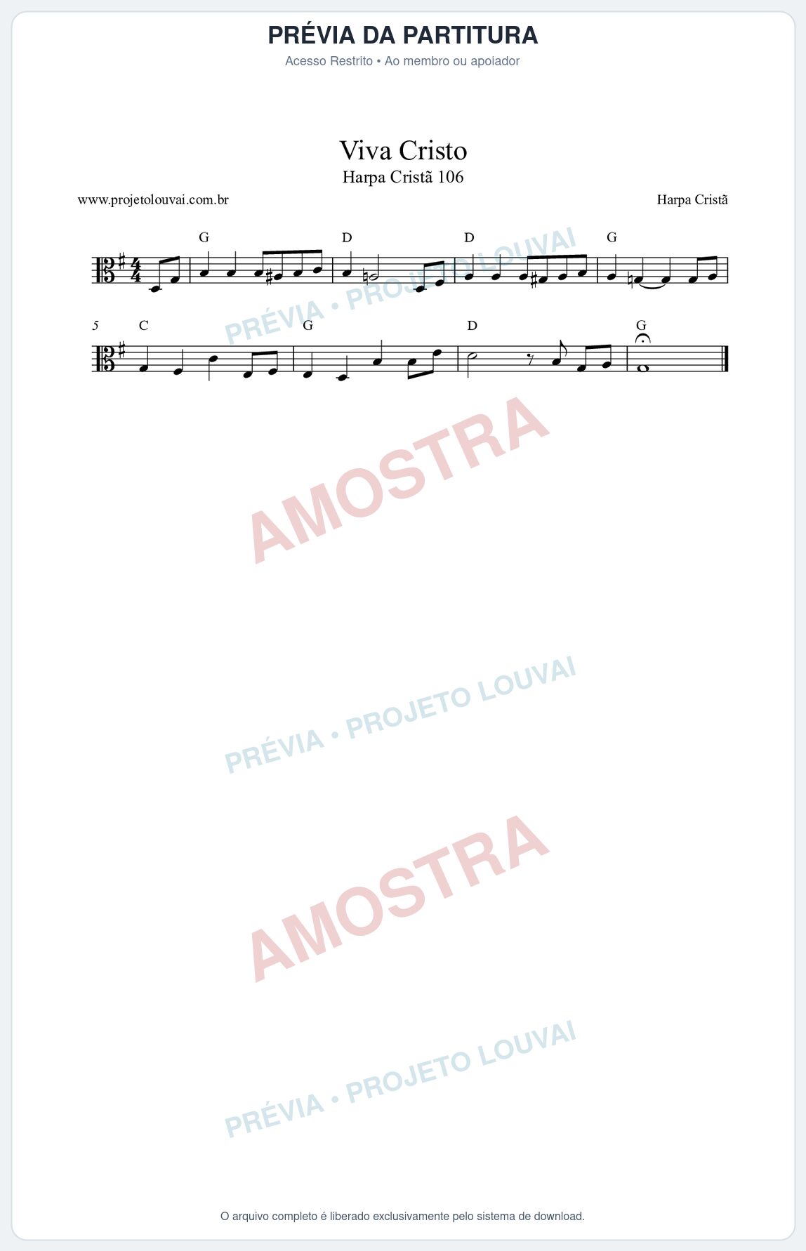 Prévia protegida da primeira página da partitura Partitura da música Viva Cristo (Harpa Cristã nº106) - Harpa Cristã - Tom G