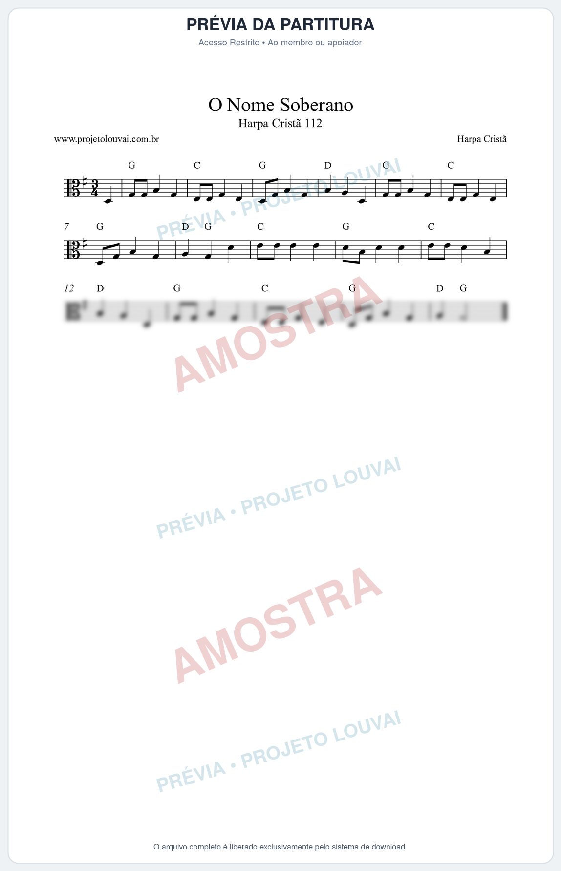 Prévia protegida da primeira página da partitura Partitura da música O Nome Soberano (Harpa Cristã nº112) - Harpa Cristã - Tom G