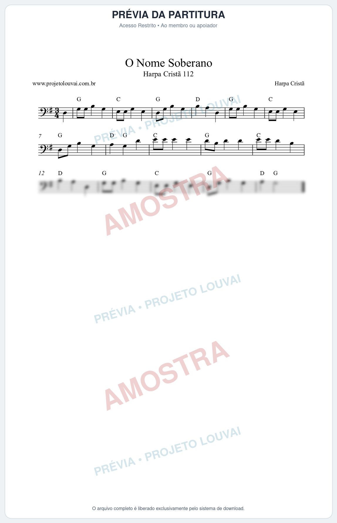 Prévia protegida da primeira página da partitura Partitura da música O Nome Soberano (Harpa Cristã nº112) - Harpa Cristã - Tom G