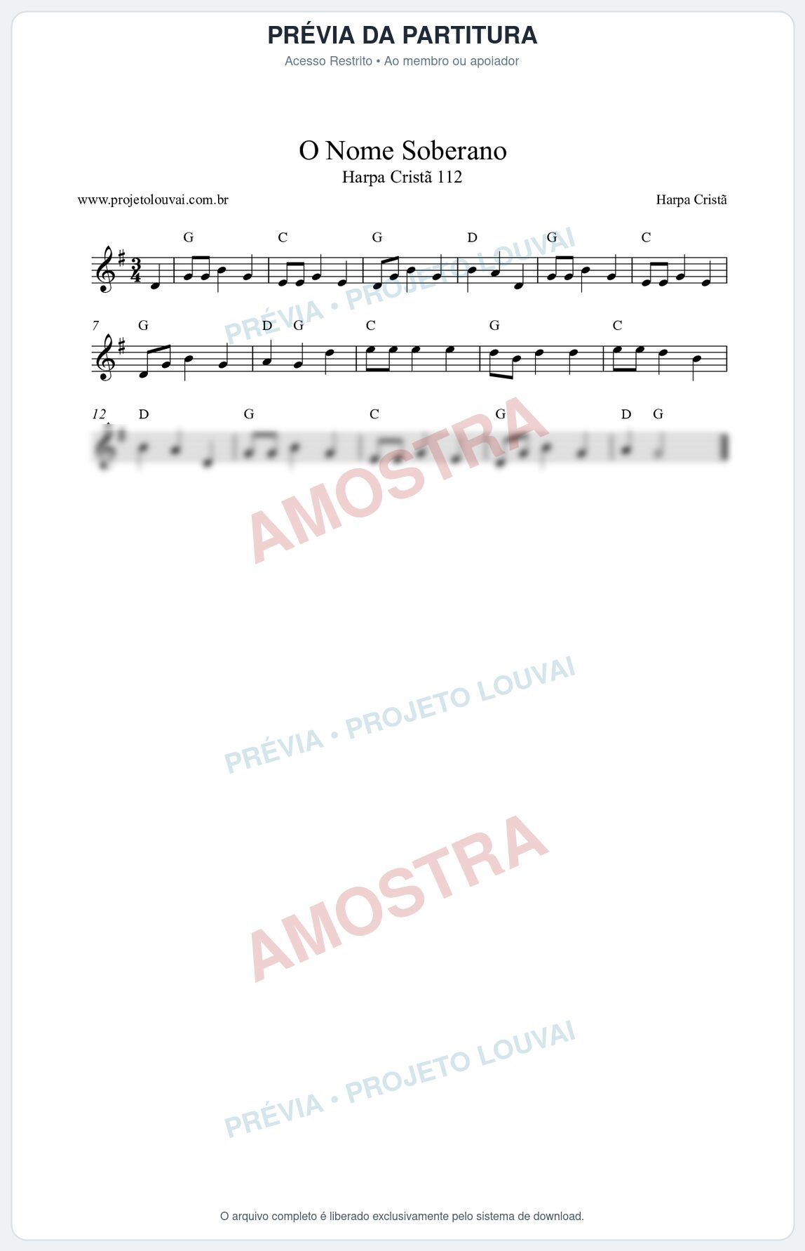 Prévia protegida da primeira página da partitura Partitura da música O Nome Soberano (Harpa Cristã nº112) - Harpa Cristã - Tom G