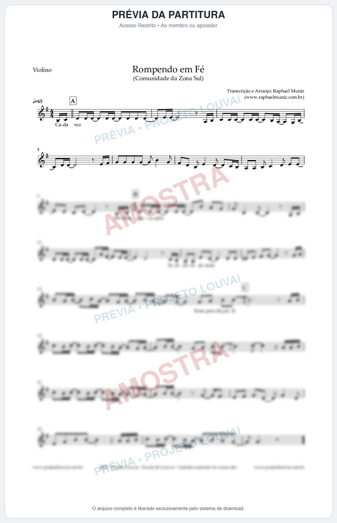 Prévia protegida da primeira página da partitura Partitura para Violino - Rompendo em Fé - Comunidade da Zona Sul