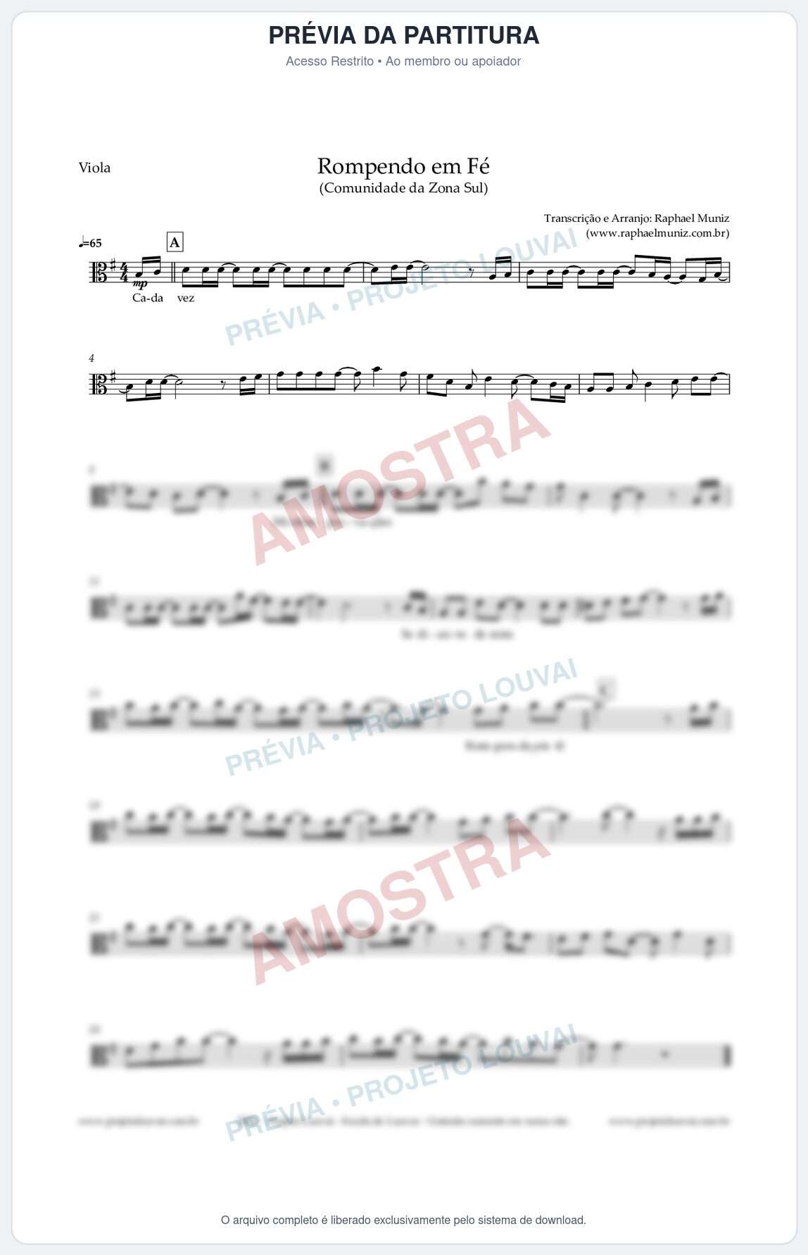 Prévia protegida da primeira página da partitura Partitura para Viola - Rompendo em Fé - Comunidade da Zona Sul