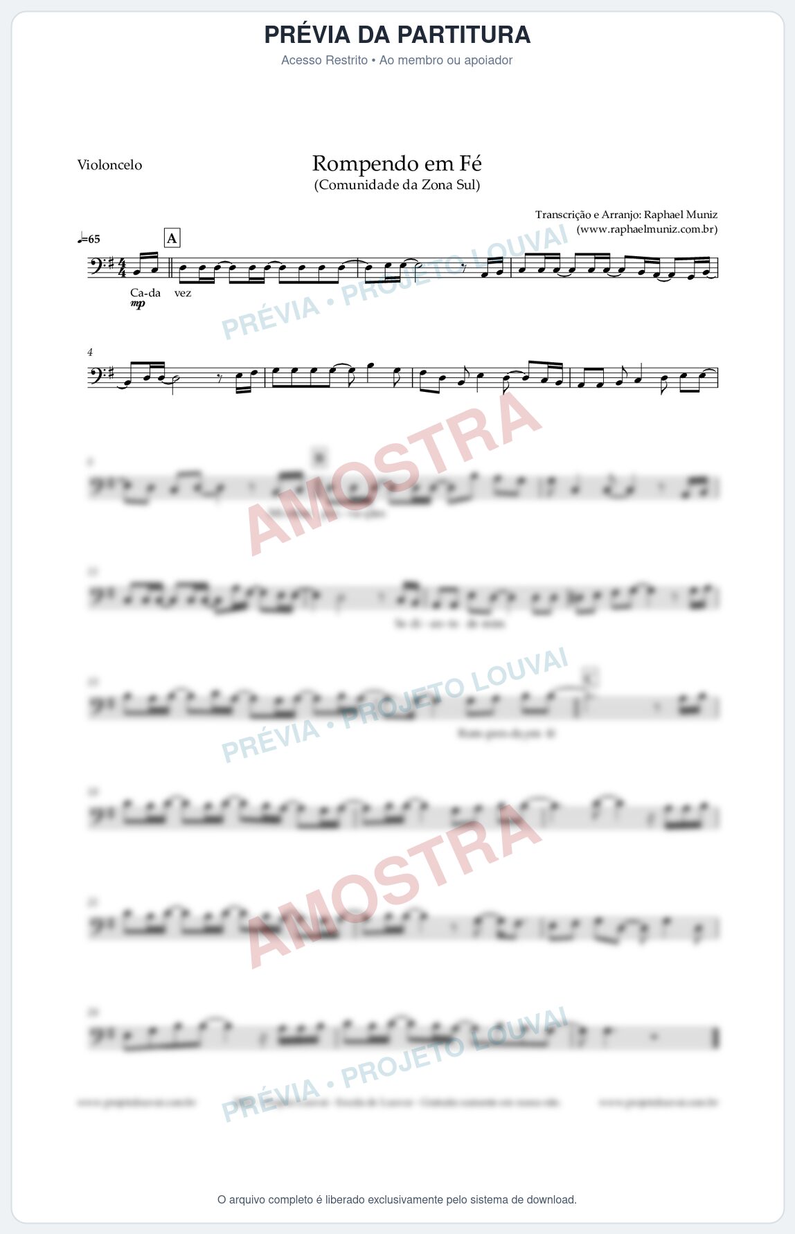 Prévia protegida da primeira página da partitura Partitura para Violoncelo - Rompendo em Fé - Comunidade da Zona Sul