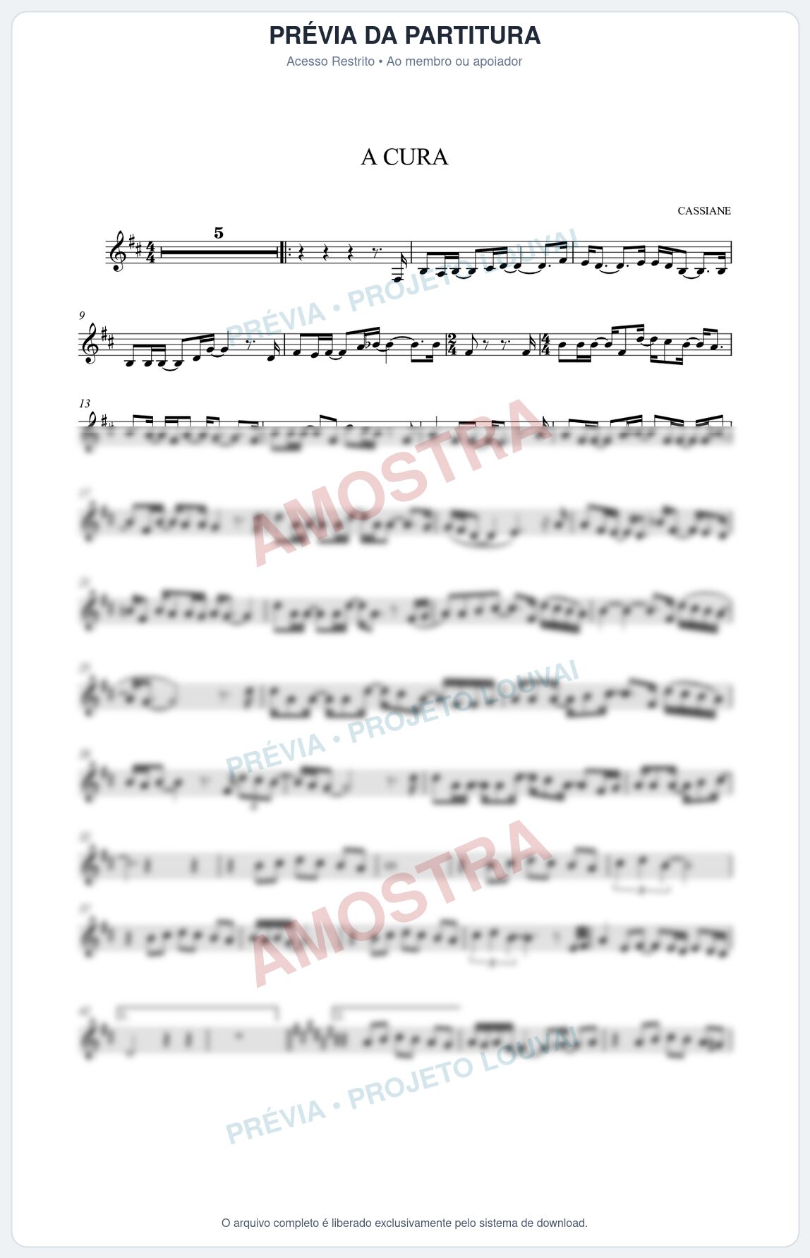 Prévia protegida da primeira página da partitura Partitura da música A Cura - Cassiane - Tom D