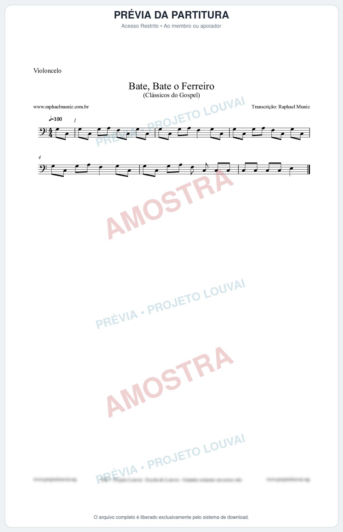 Prévia protegida da primeira página da partitura Partitura para Violoncelo - Bate, Bate o Ferreiro - Folclore Brasileiro