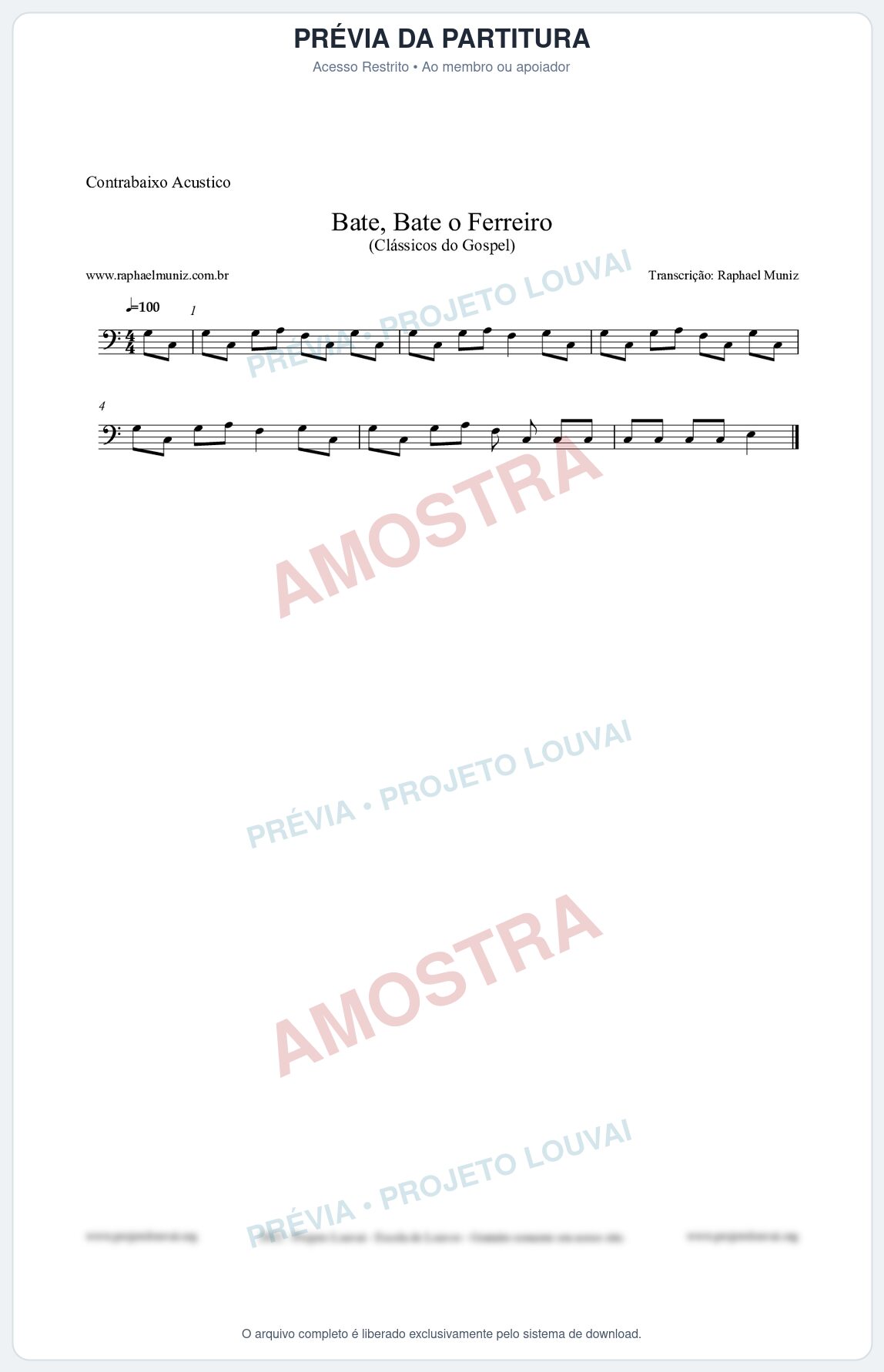 Prévia protegida da primeira página da partitura Partitura para Contrabaixo Acústico - Bate, Bate o Ferreiro - Folclore Brasileiro