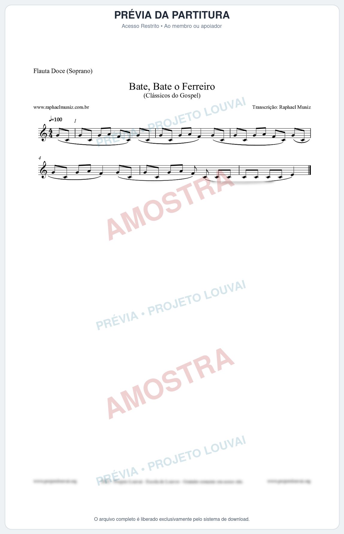 Prévia protegida da primeira página da partitura Partitura para Flauta Doce (Soprano) - Bate, Bate o Ferreiro - Folclore Brasileiro