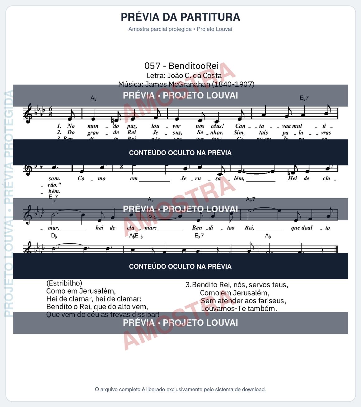 Prévia parcial e protegida da partitura Partitura da música Bendito O Rei (Cantor Cristão nº 57) - Cantor Cristão - Tom Ab