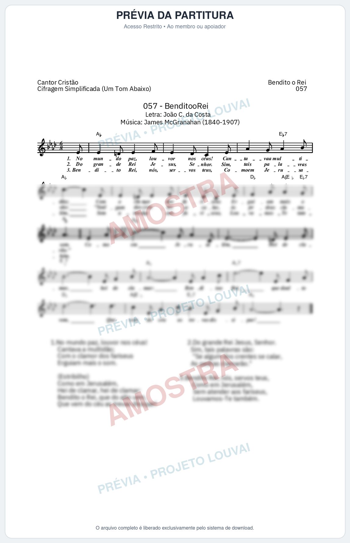 Prévia protegida da primeira página da partitura Partitura da música Bendito O Rei (Cantor Cristão nº 57) - Cantor Cristão - Tom Ab