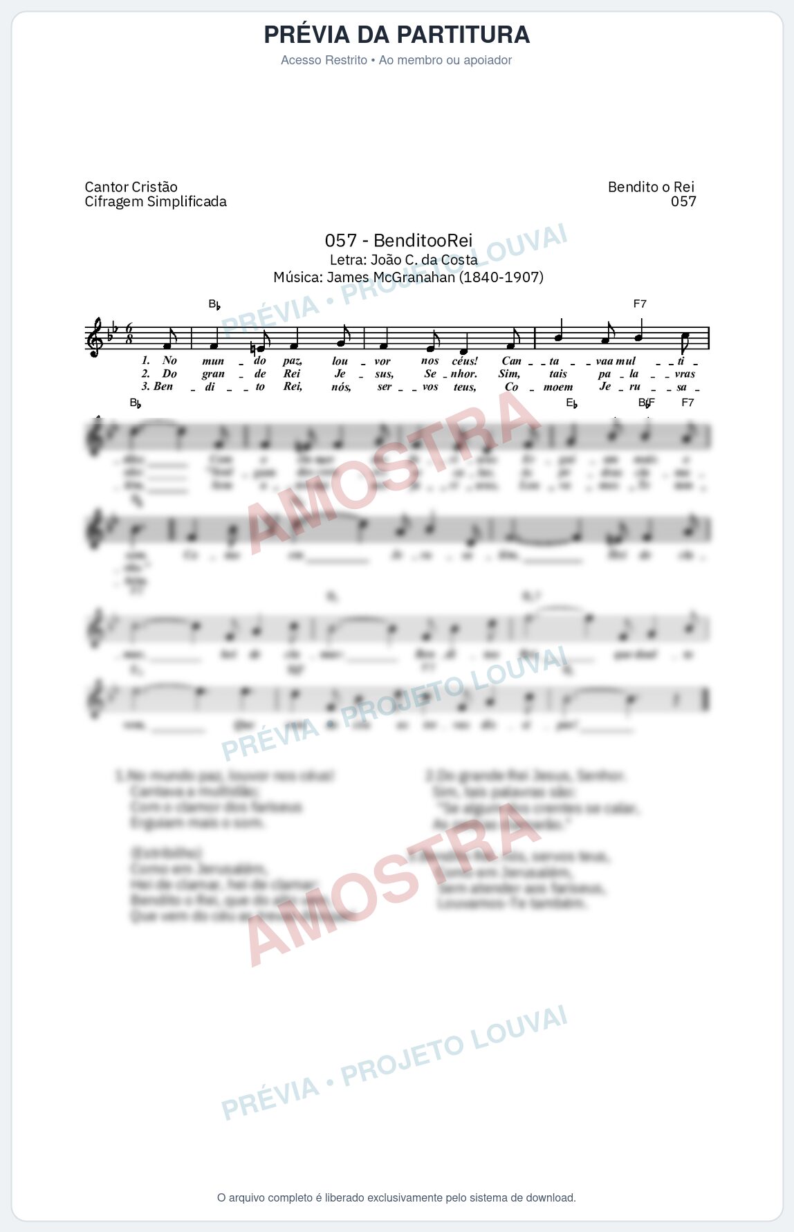 Prévia protegida da primeira página da partitura Partitura da música Bendito O Rei (Cantor Cristão nº 57) - Cantor Cristão - Tom Bb