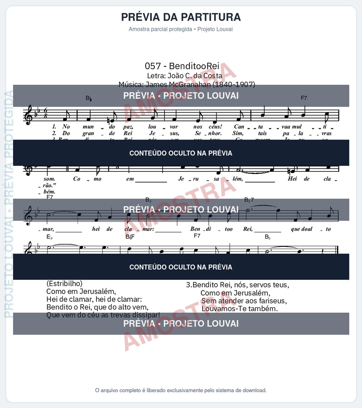 Prévia parcial e protegida da partitura Partitura da música Bendito O Rei (Cantor Cristão nº 57) - Cantor Cristão - Tom Bb