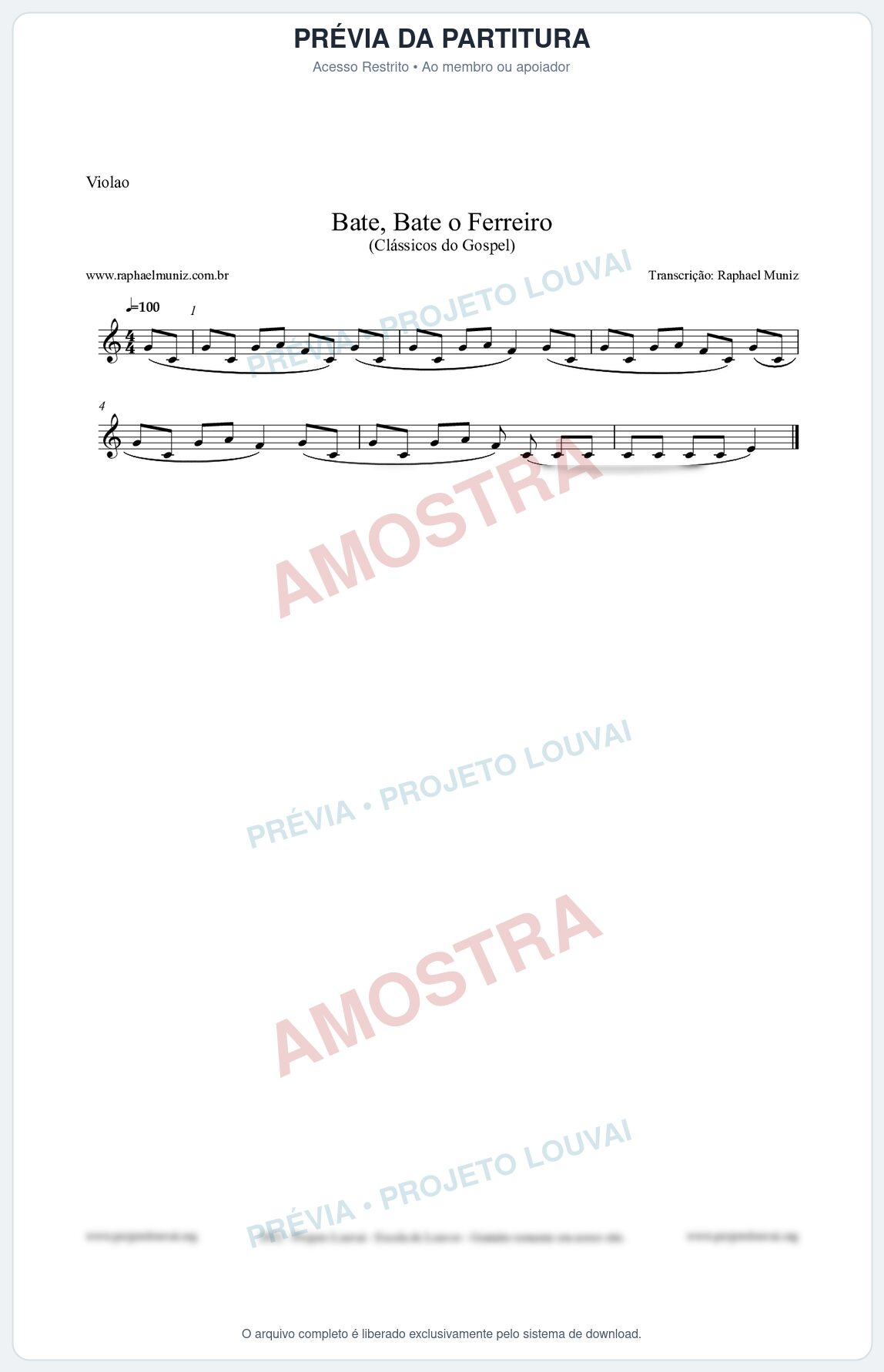 Prévia protegida da primeira página da partitura Partitura para Violão - Bate, Bate o Ferreiro - Folclore Brasileiro