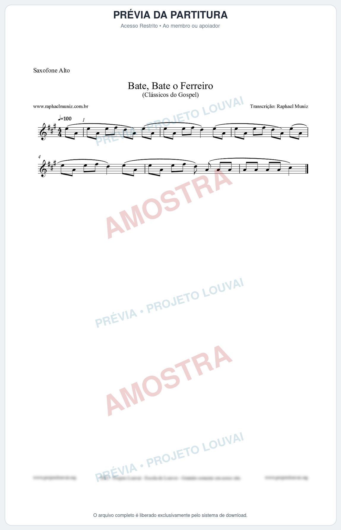 Prévia protegida da primeira página da partitura Partitura para Saxofone Alto - Bate, Bate o Ferreiro - Folclore Brasileiro