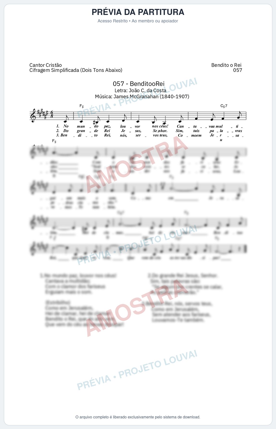 Prévia protegida da primeira página da partitura Partitura da música Bendito O Rei (Cantor Cristão nº 57) - Cantor Cristão - Tom F#