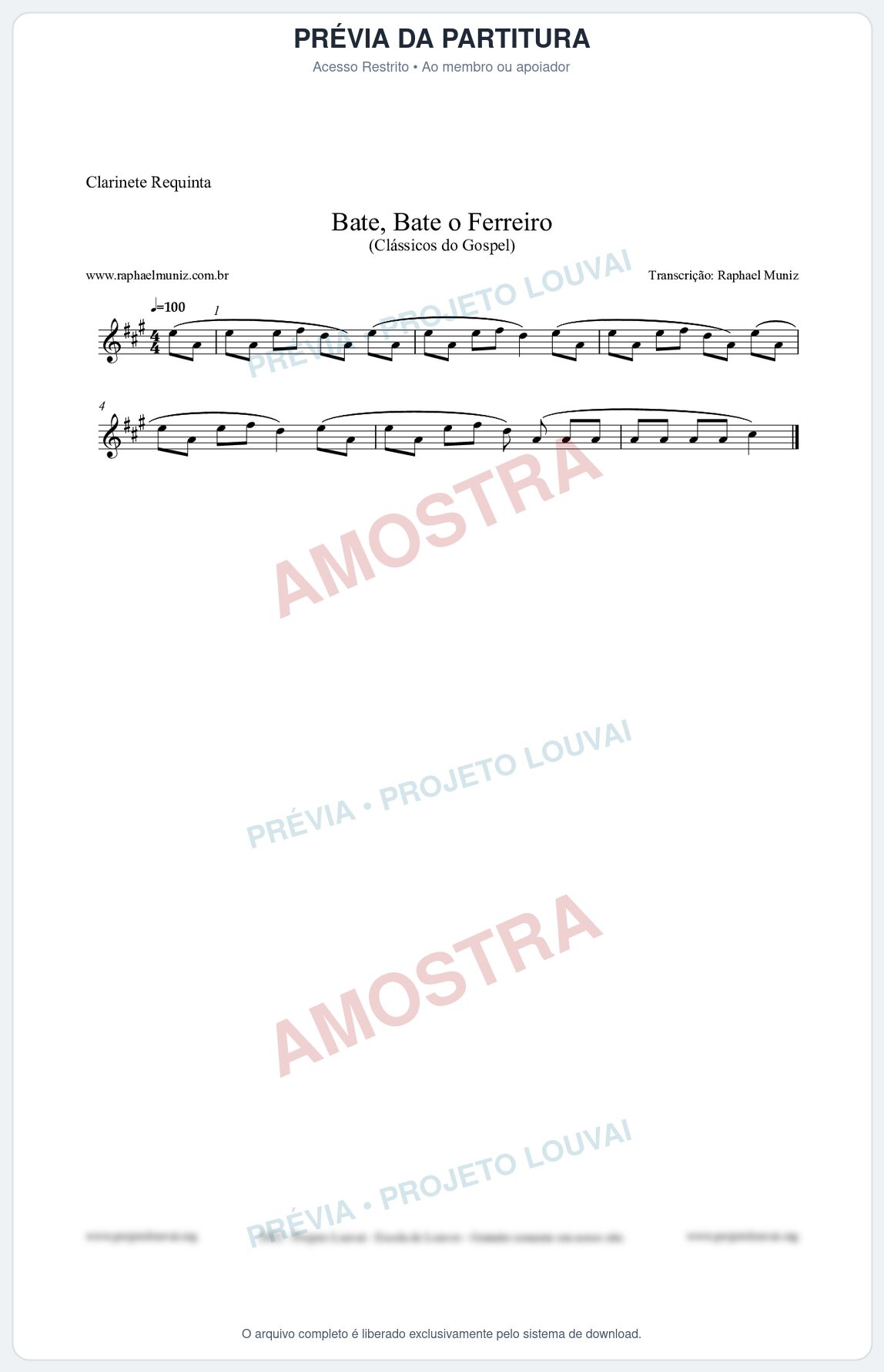 Prévia protegida da primeira página da partitura Partitura para Clarinete Requinta - Bate, Bate o Ferreiro - Folclore Brasileiro