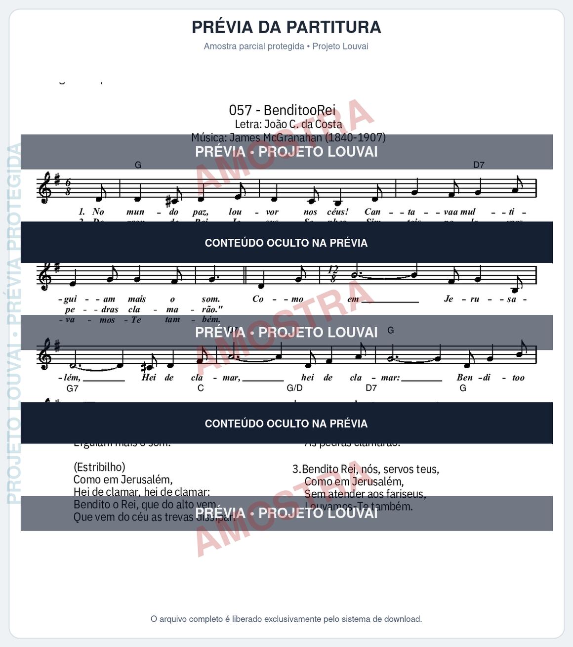 Prévia parcial e protegida da partitura Partitura da música Bendito O Rei (Cantor Cristão nº 57) - Cantor Cristão - Tom G