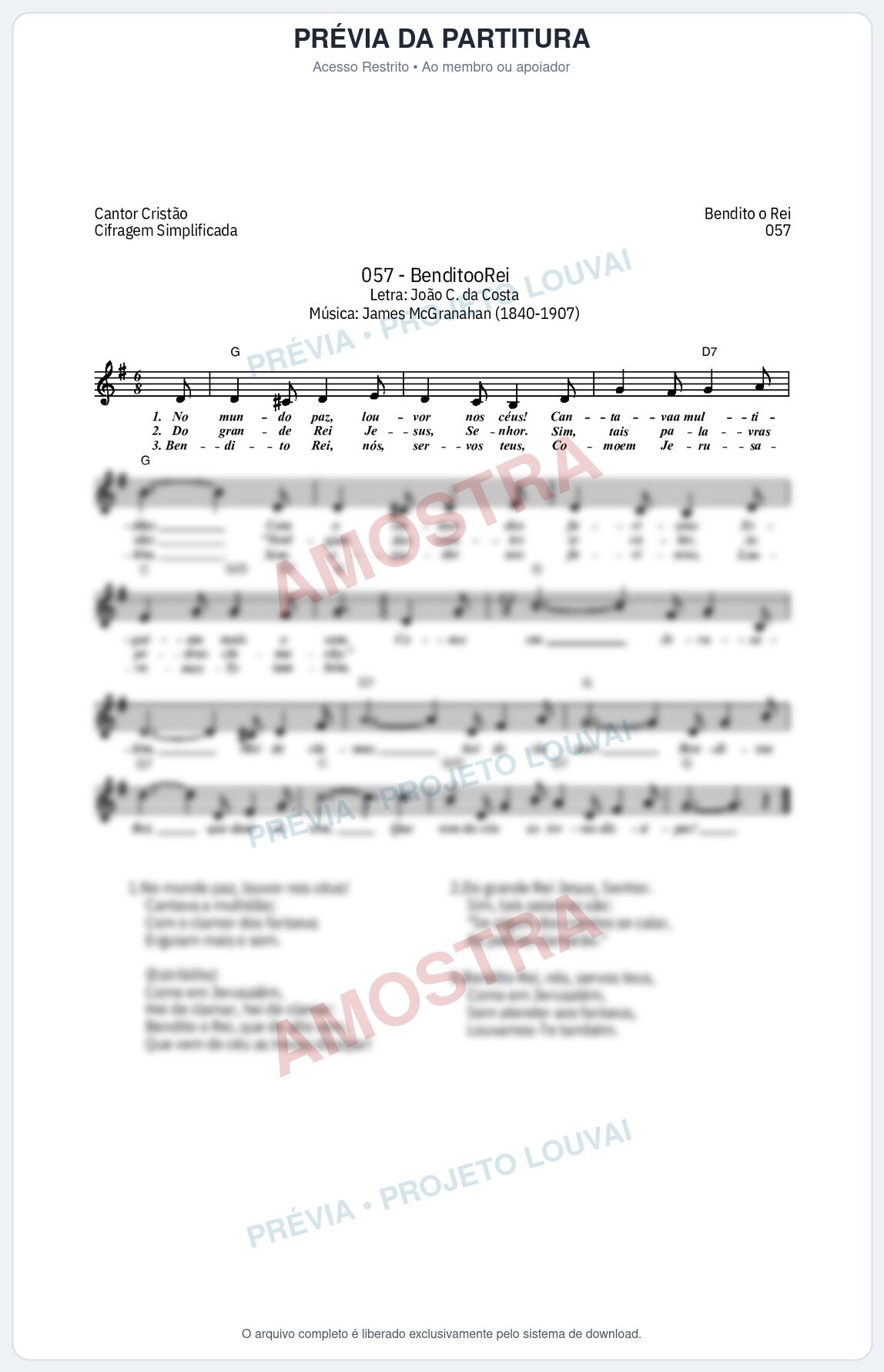 Prévia protegida da primeira página da partitura Partitura da música Bendito O Rei (Cantor Cristão nº 57) - Cantor Cristão - Tom G