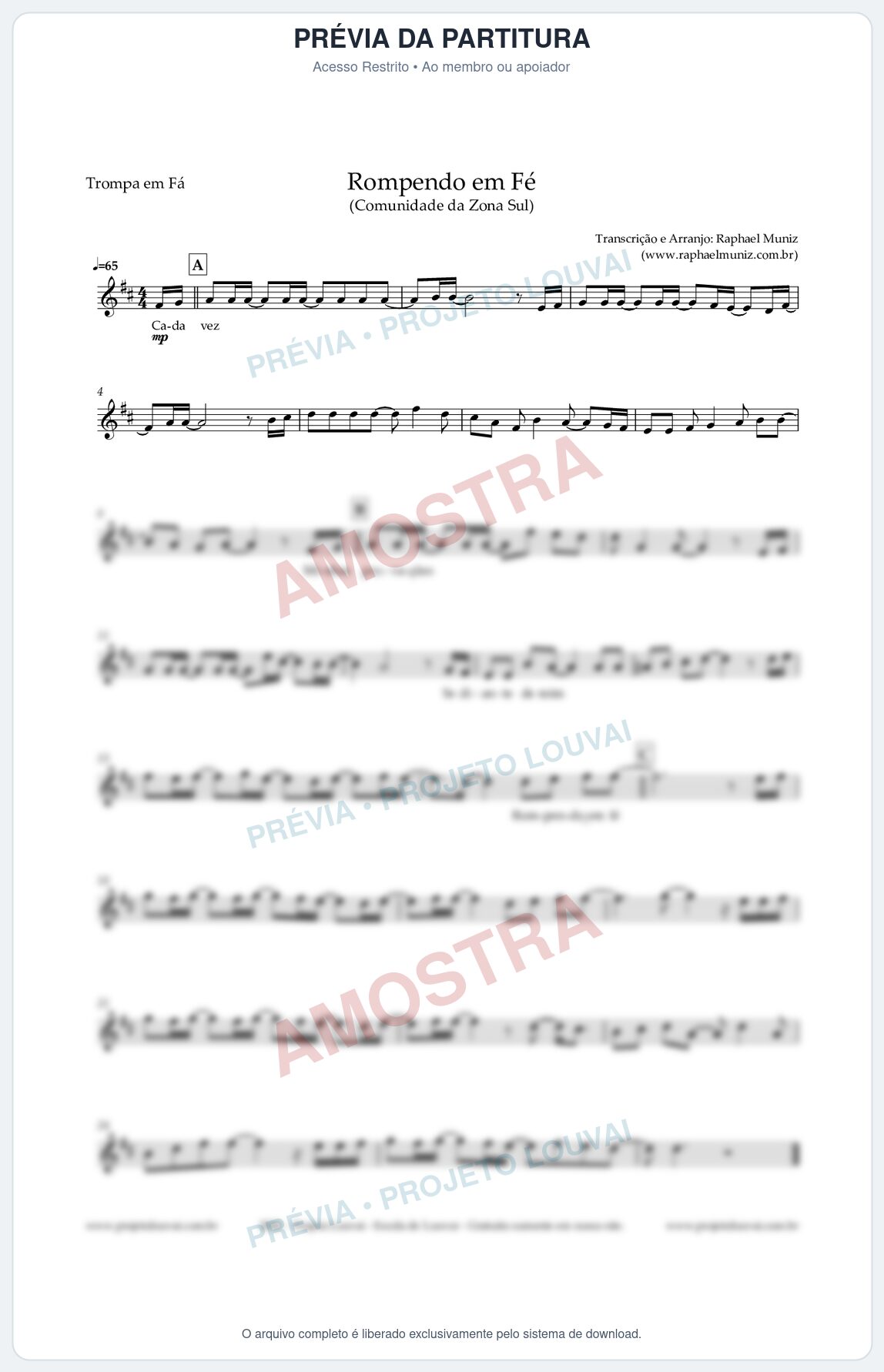 Prévia protegida da primeira página da partitura Partitura para Trompa em Fá - Rompendo em Fé - Comunidade da Zona Sul
