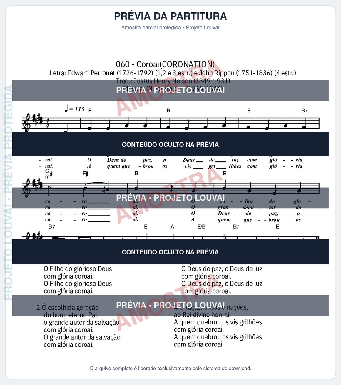 Prévia parcial e protegida da partitura Partitura da música Coroai (Cantor Cristão nº 60) - Cantor Cristão - Tom E
